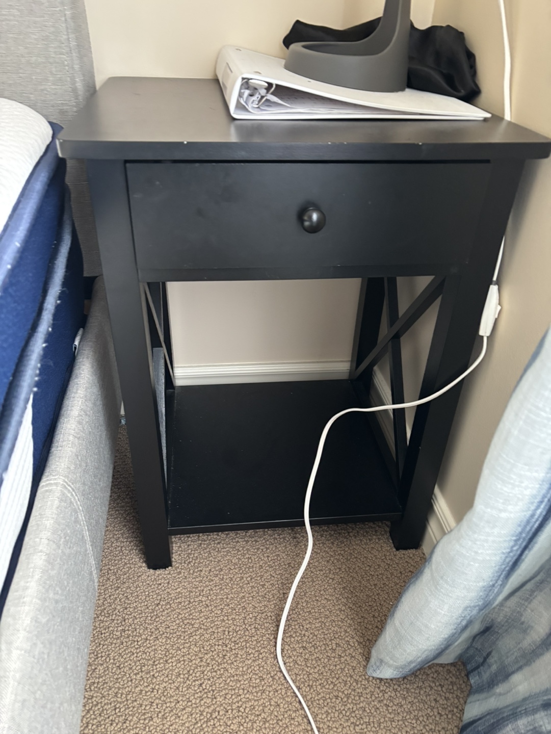 Black Nightstand with Drawer and Shelf