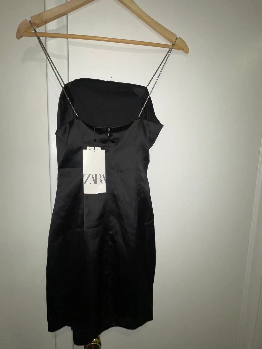 Black Satin Mini Dress with Rhinestone Straps image indicator(2)