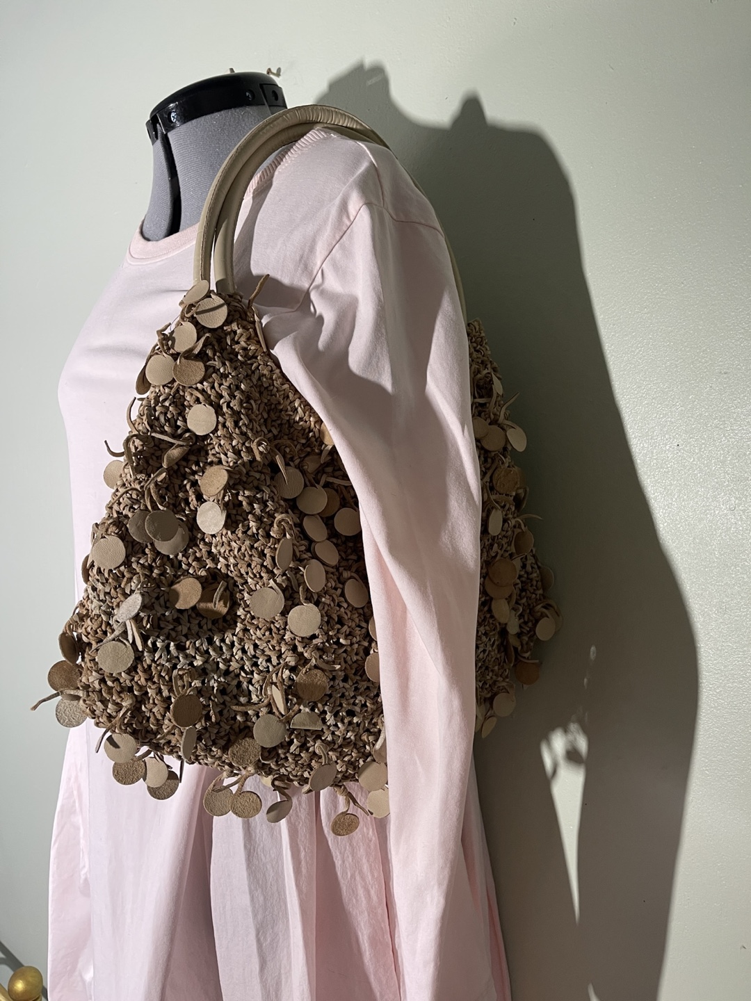 Unique Hand Made Beaded Leather Knitted Raffia Handbag