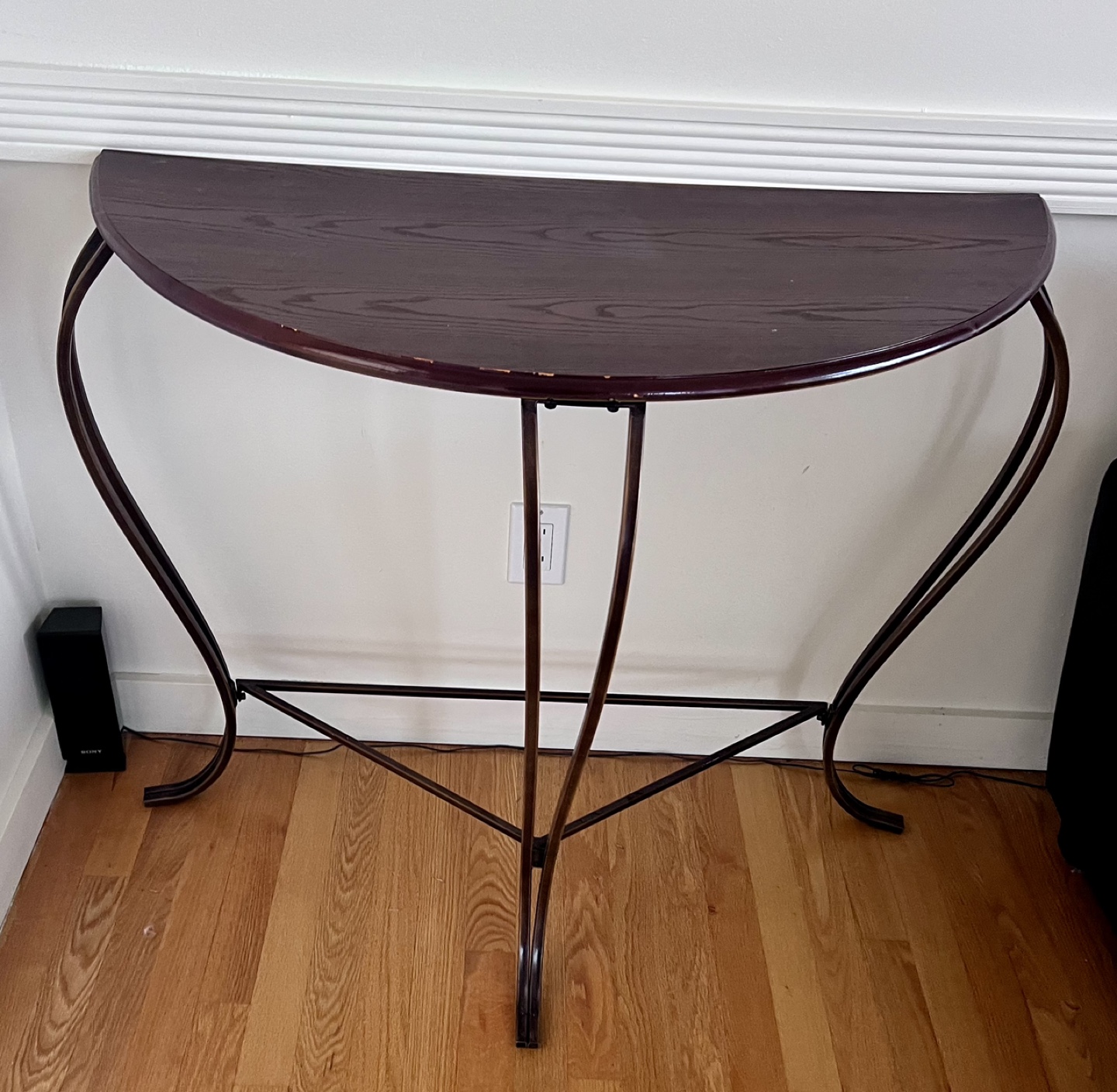 Dark Wood Half-Moon Console Table with Metal Legs