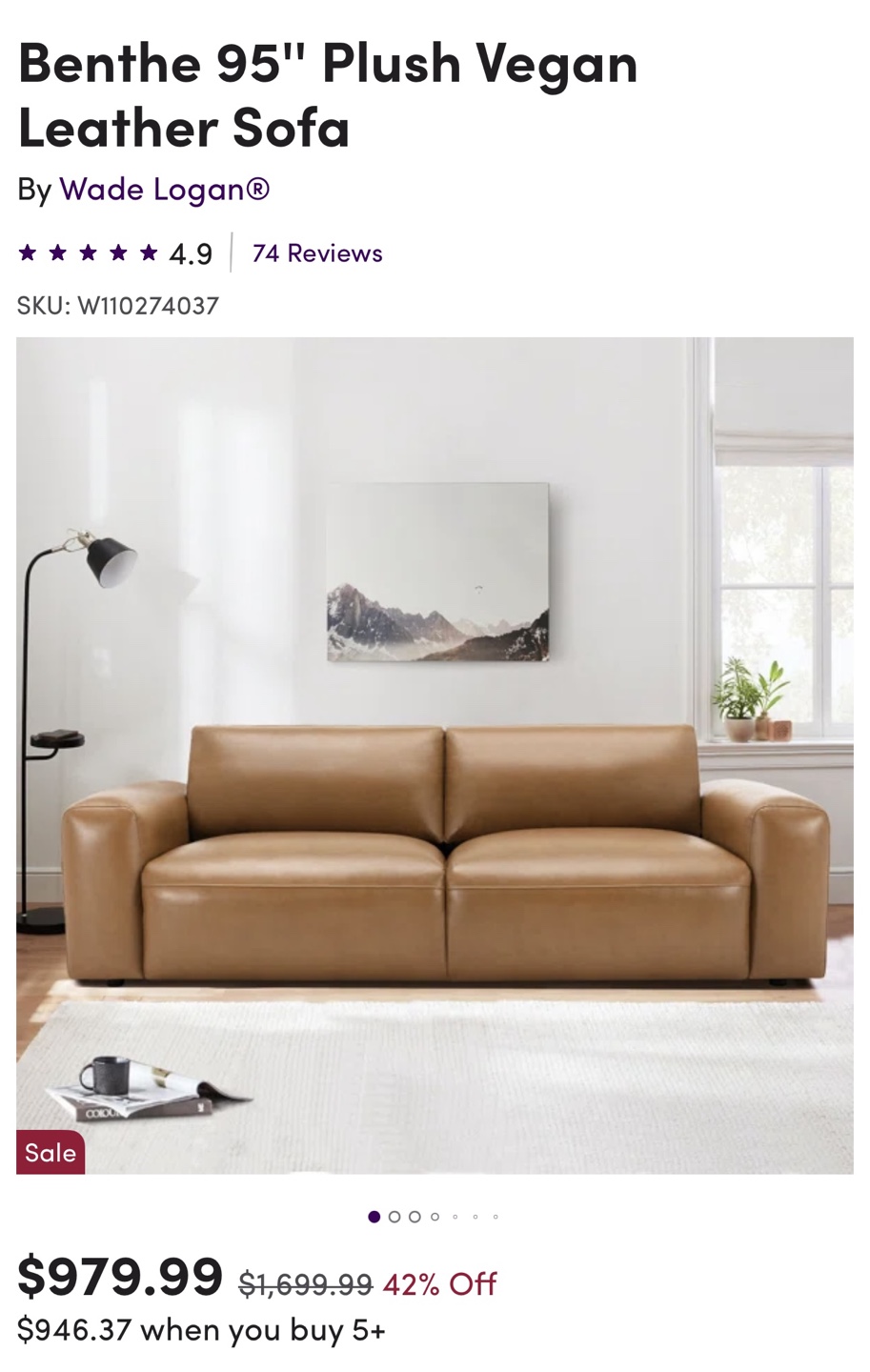 Wade Logan Benthe 95" Plush Vegan Leather Sofa - photo 3