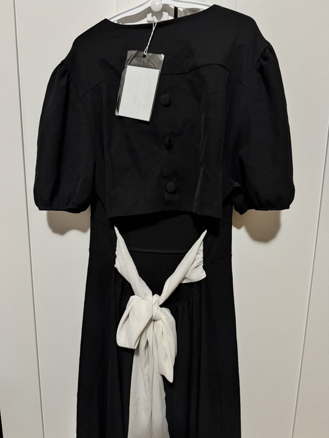 Black Midi Dress with Puff Sleeves and Open Back - photo 3