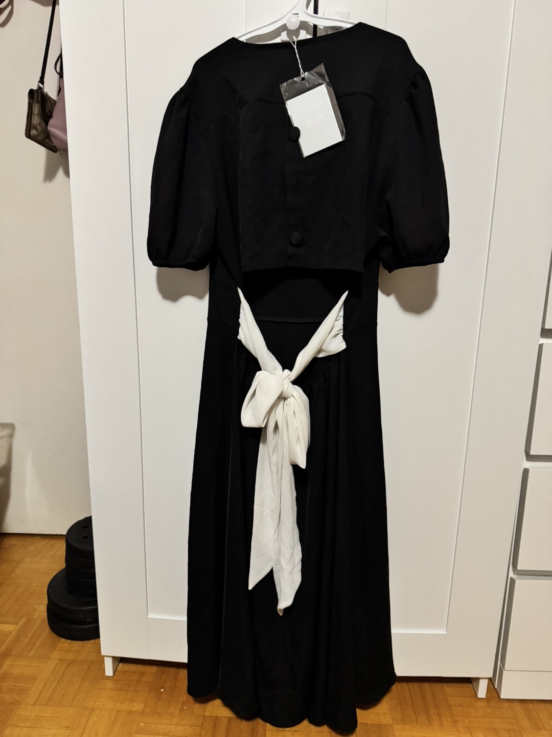 Black Midi Dress with Puff Sleeves and Open Back - photo 2