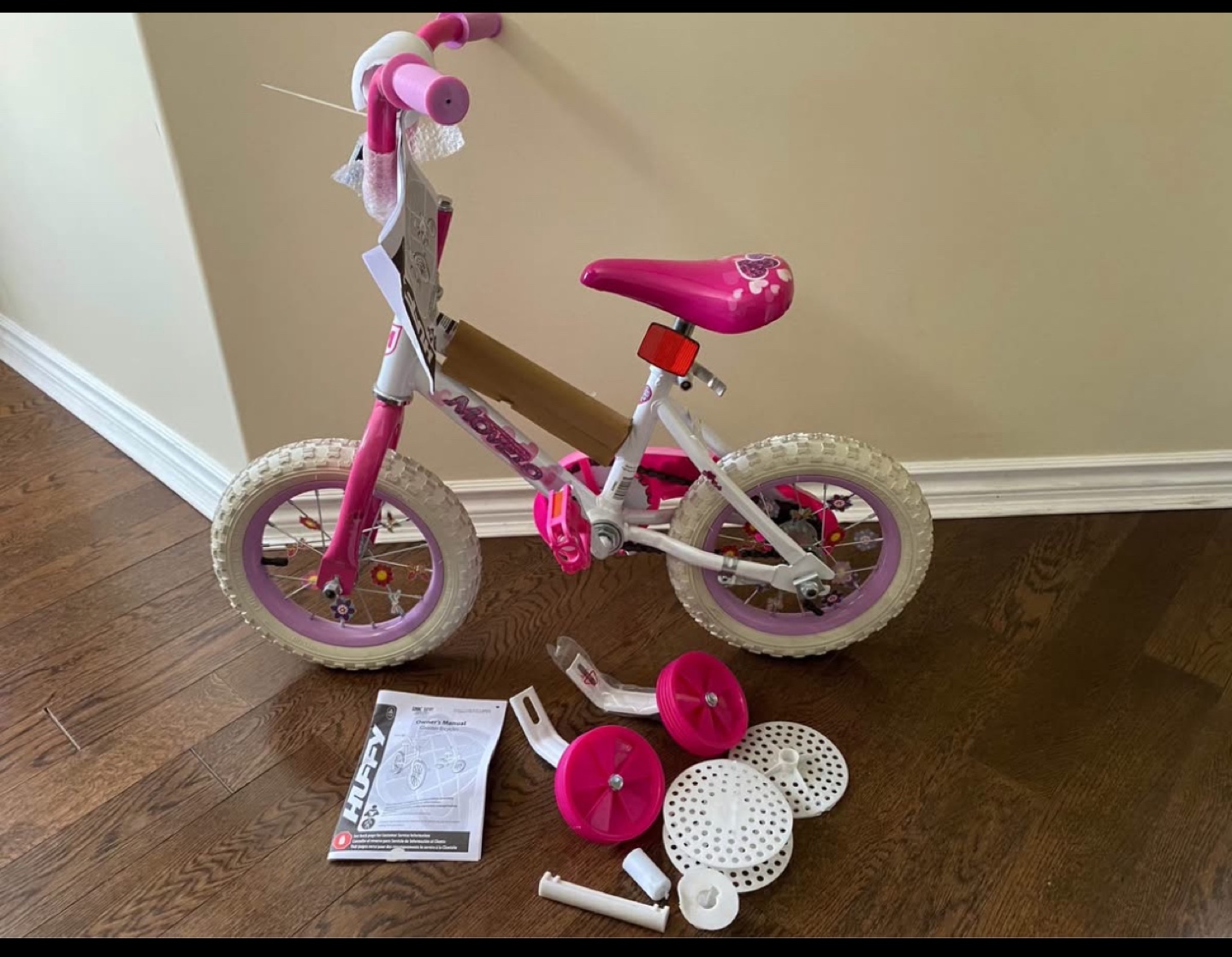 Pink & White Girls’ Bike with carry on hand bag and girls helmet