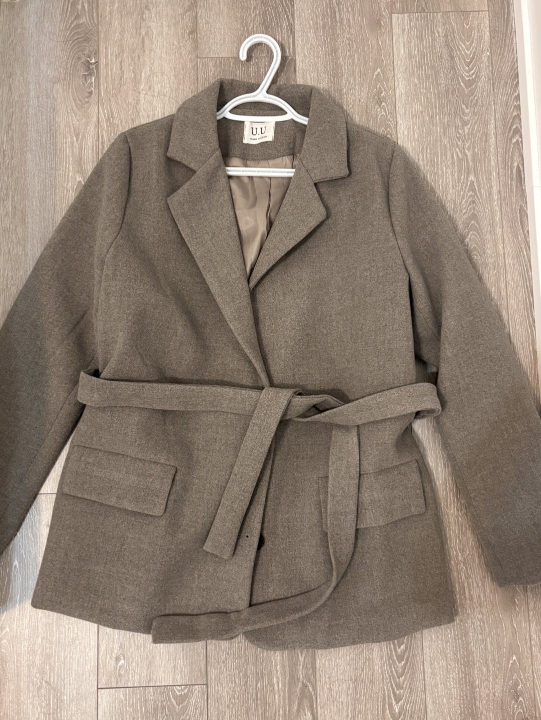 Grey belted wool blend coat