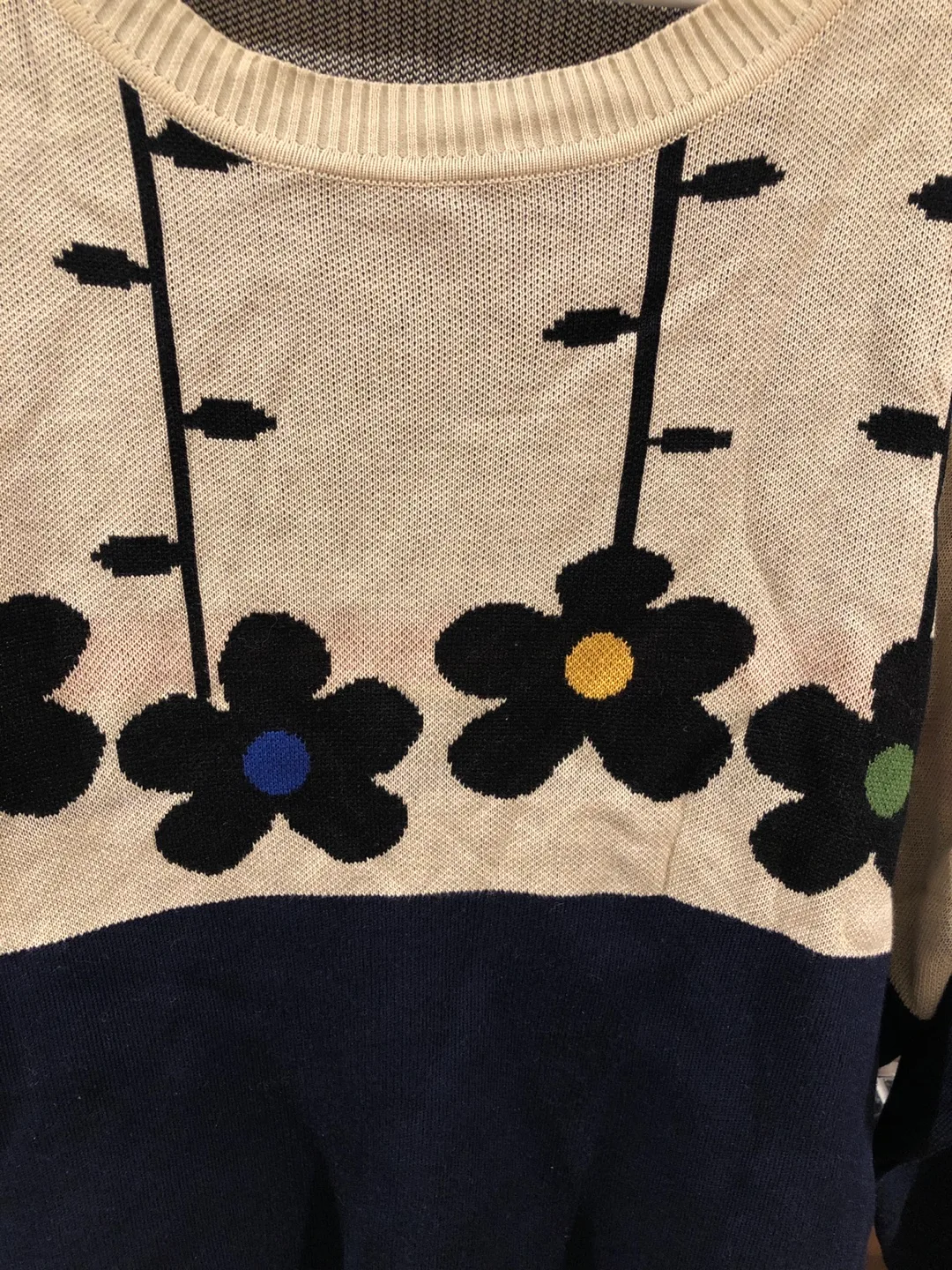 Cream and Navy Blue Flower Knit Sweater image indicator(2)