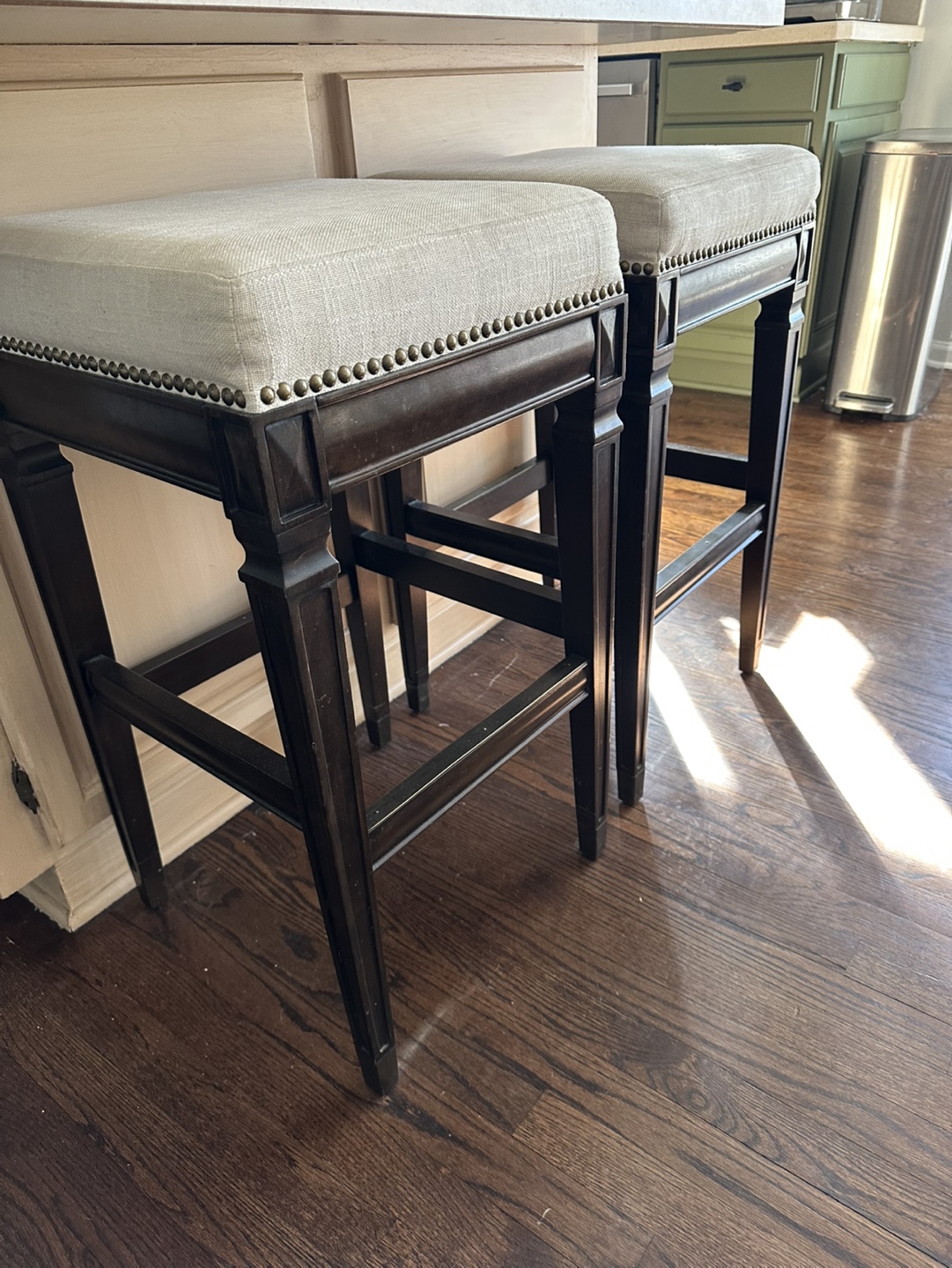 4 of Brown Wooden Counter Height Stools with Beige Cushions - photo 3