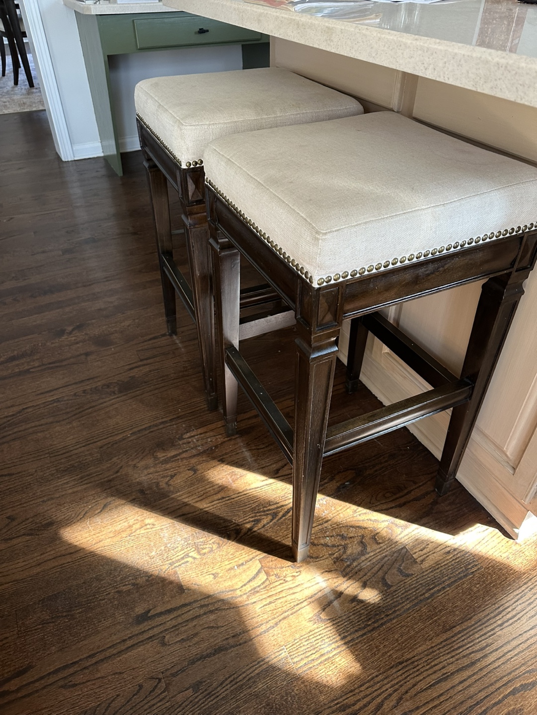 4 of Brown Wooden Counter Height Stools with Beige Cushions - photo 4