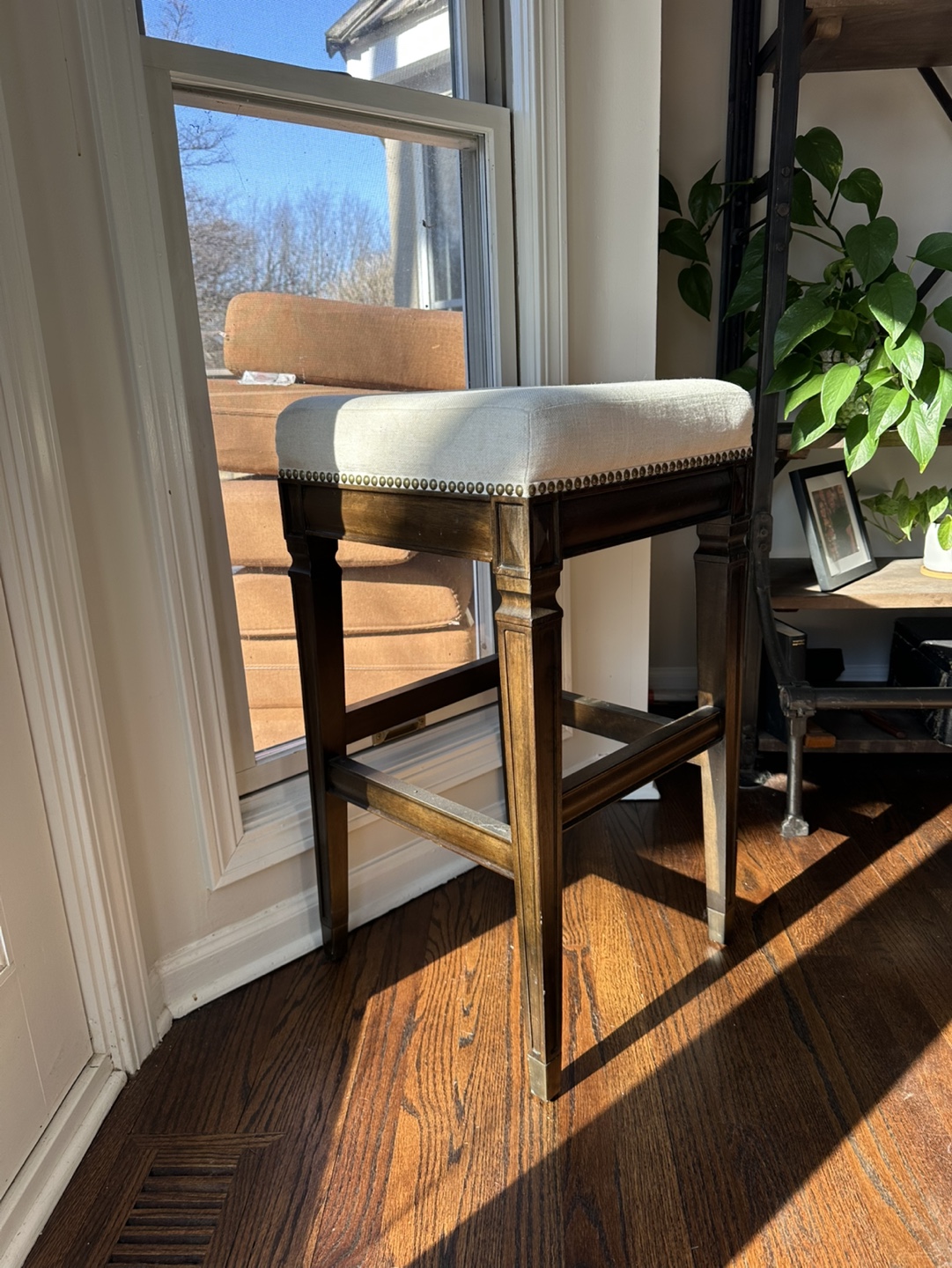 4 of Brown Wooden Counter Height Stools with Beige Cushions