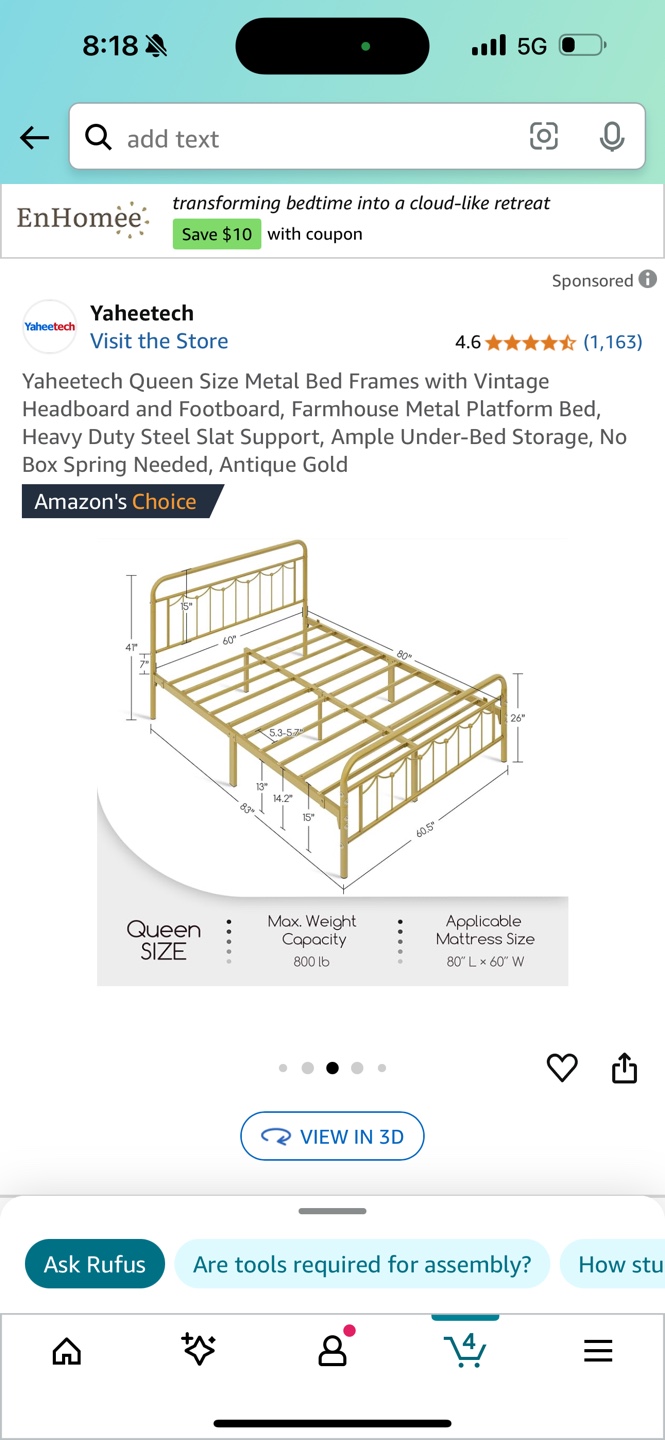 Queen Size Metal Bed Frame - Antique Gold - photo 2
