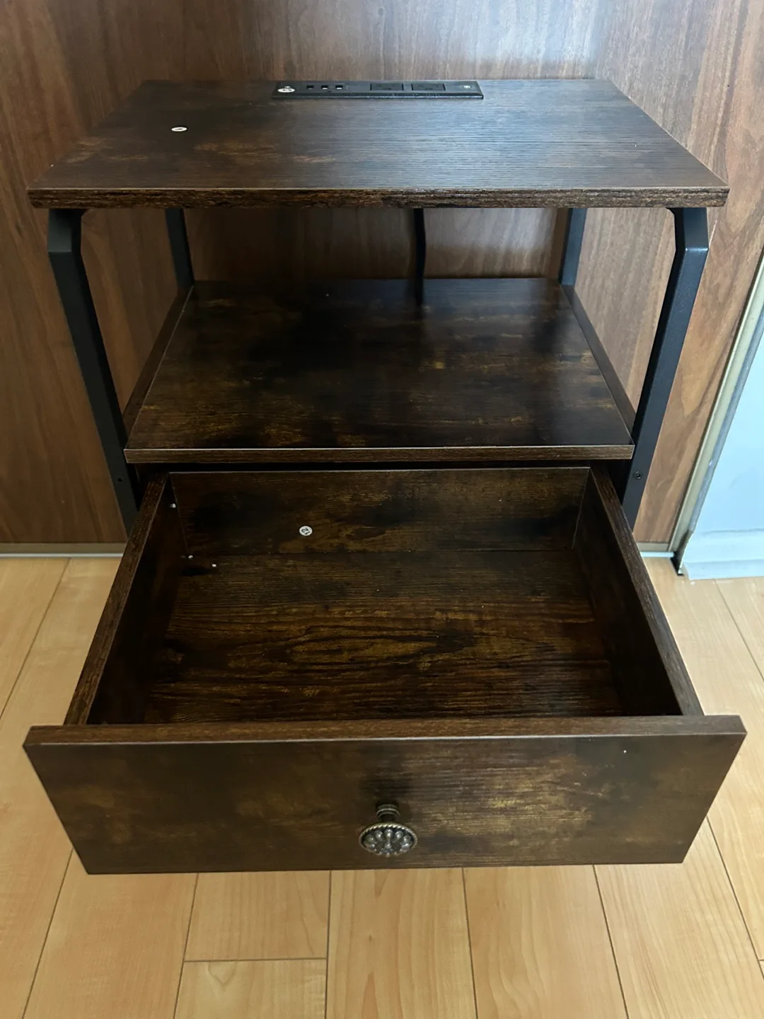 Industrial-Style Nightstand with Built-in Outlets and USB Ports image indicator(2)