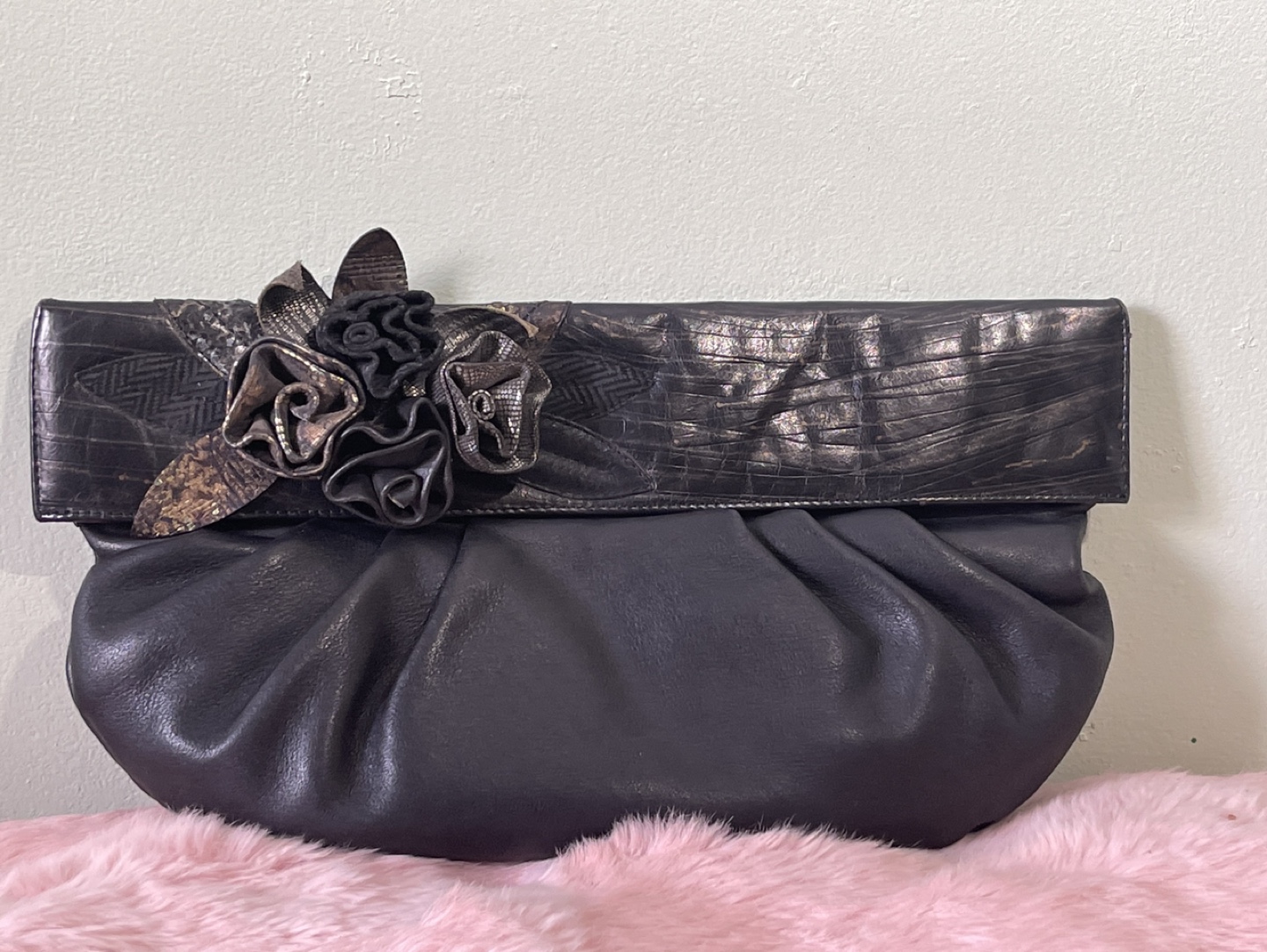 Unique Vintage Leather Clutch with Floral Detail