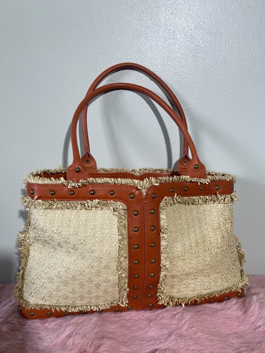 BCBGirls Straw and Leather Tote Bag