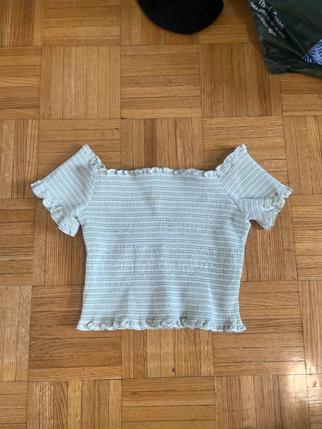 Zara Green and White Striped Smocked Crop Top thumbnail