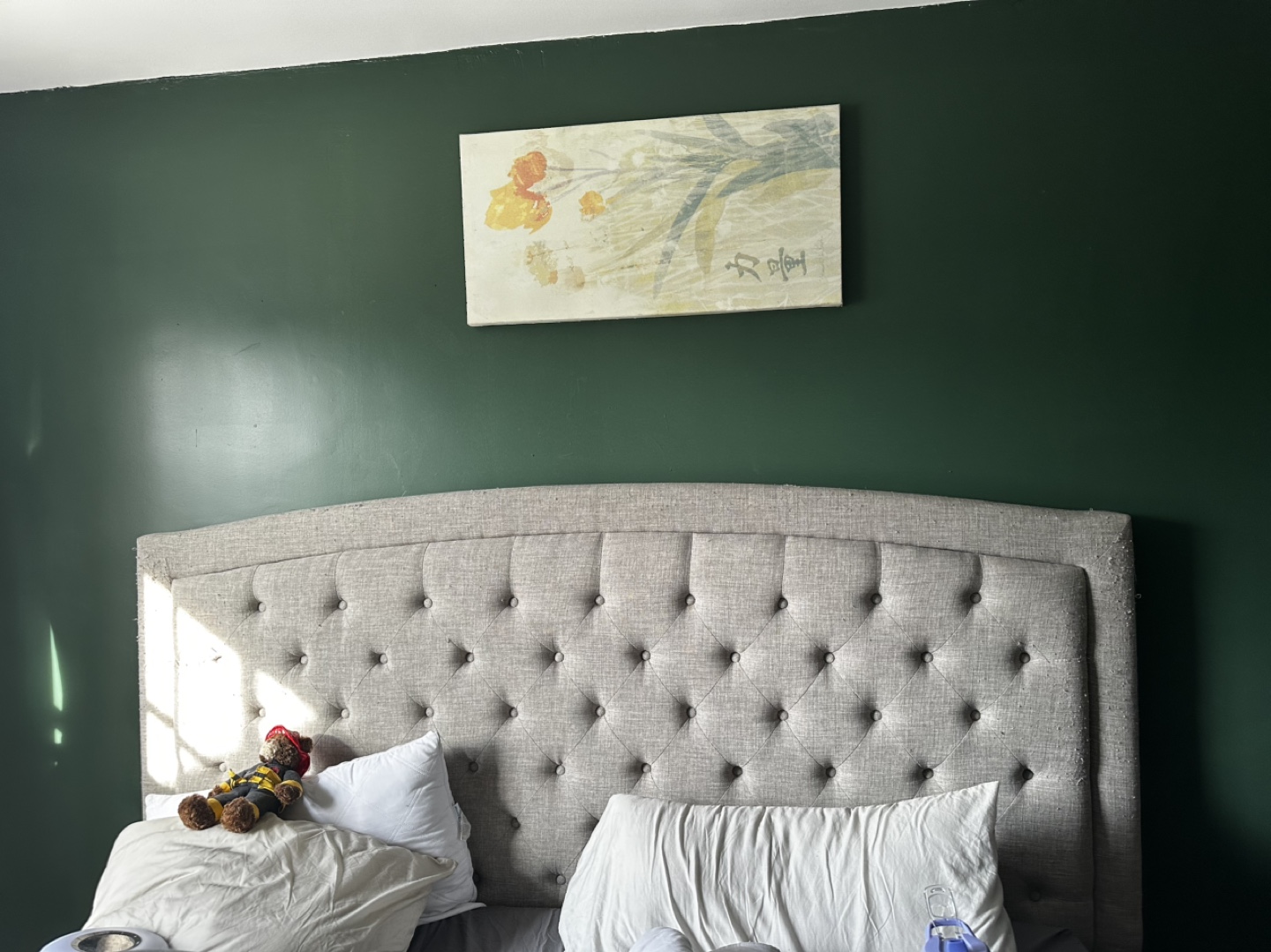 King size Grey upholstered headboard and frame