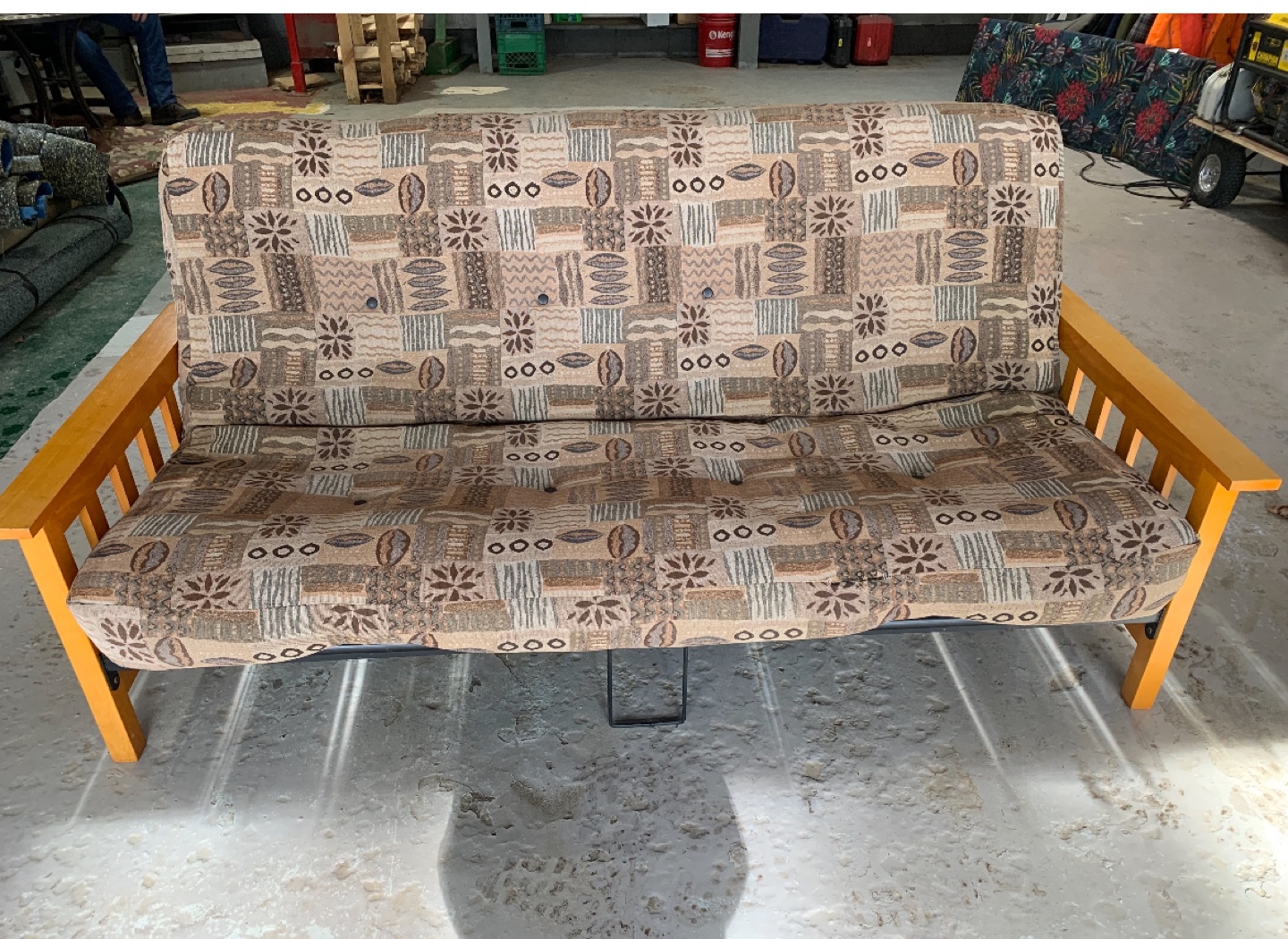 Futon Sofa Bed - Wooden Frame, Beige Pattern