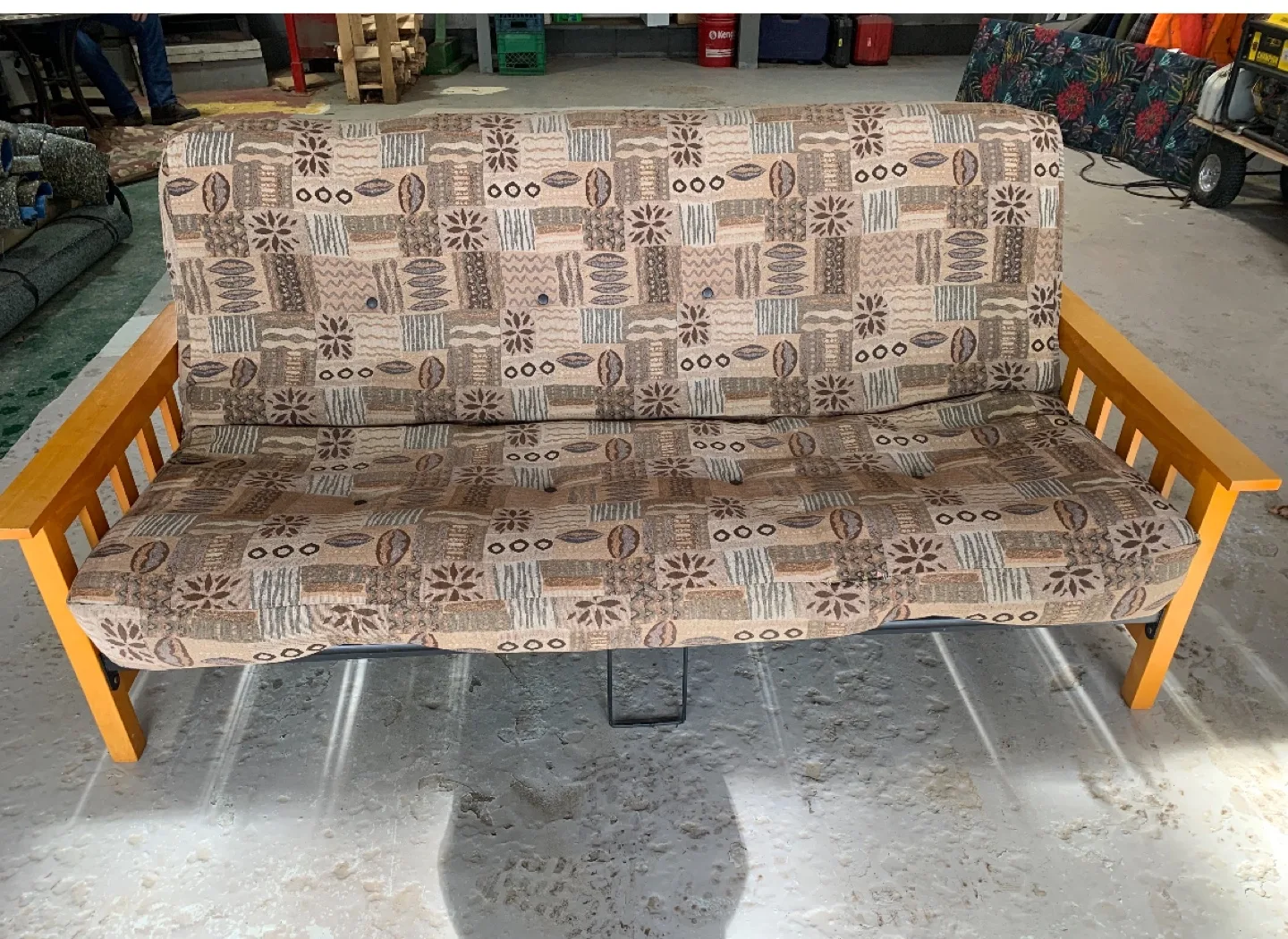 Futon Sofa Bed - Wooden Frame, Beige Pattern