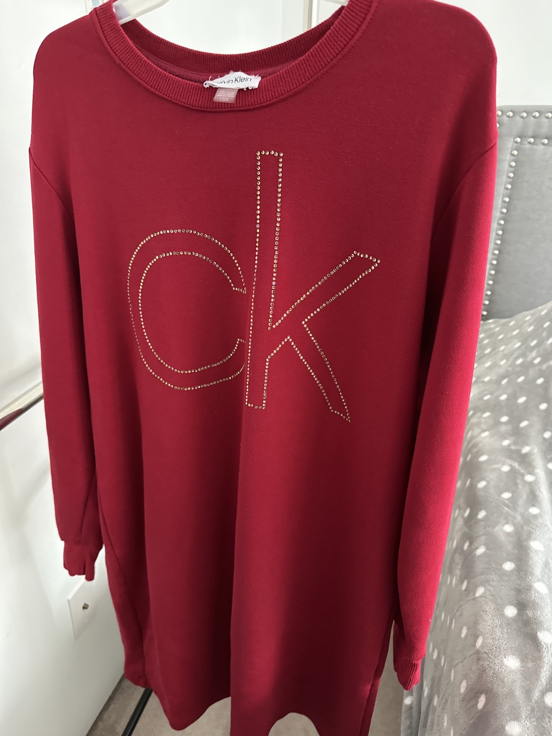 Calvin Klein Red Rhinestone Sweatshirt Dress