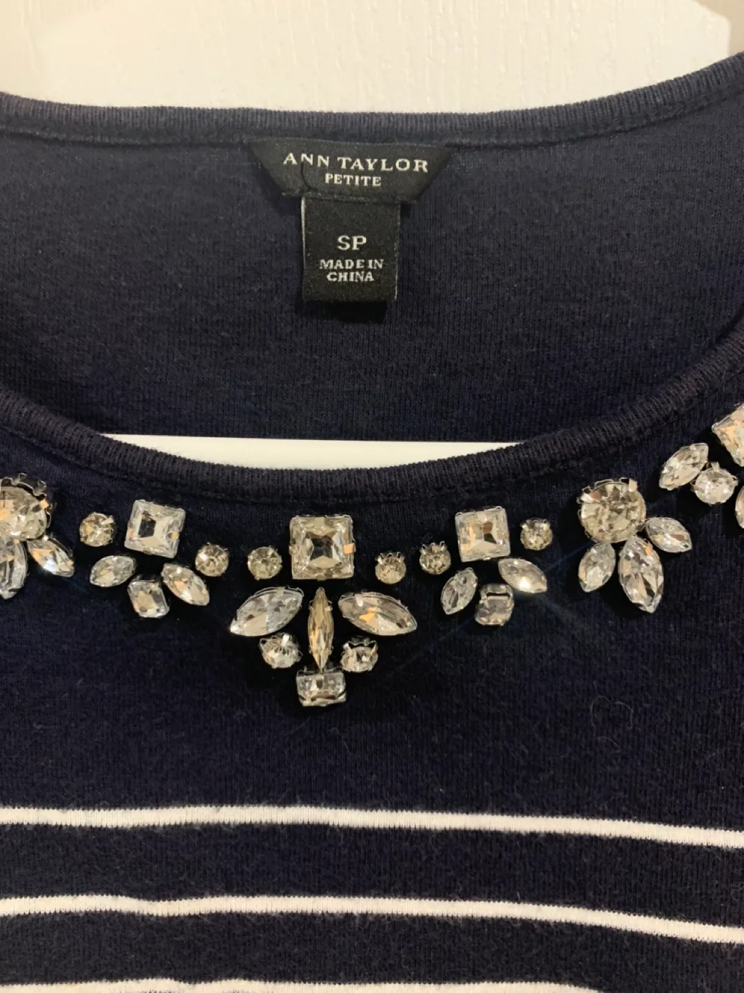 Ann Taylor Striped Top with Jewel Neckline image indicator(2)