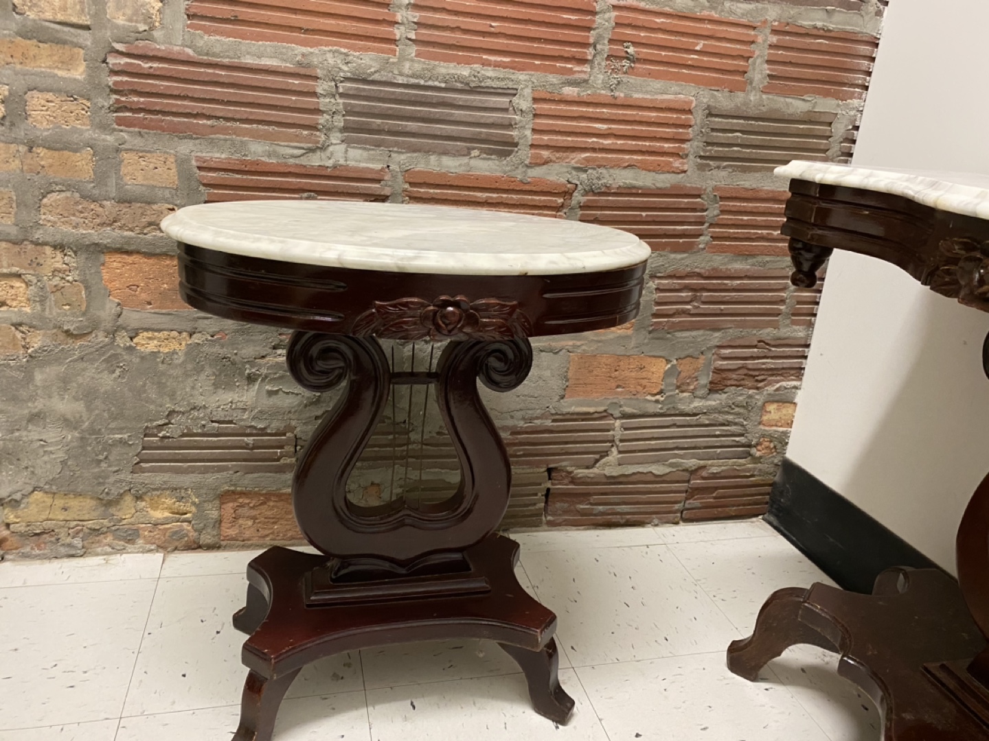 Set of 2 Antique Marble Top Harp Tables