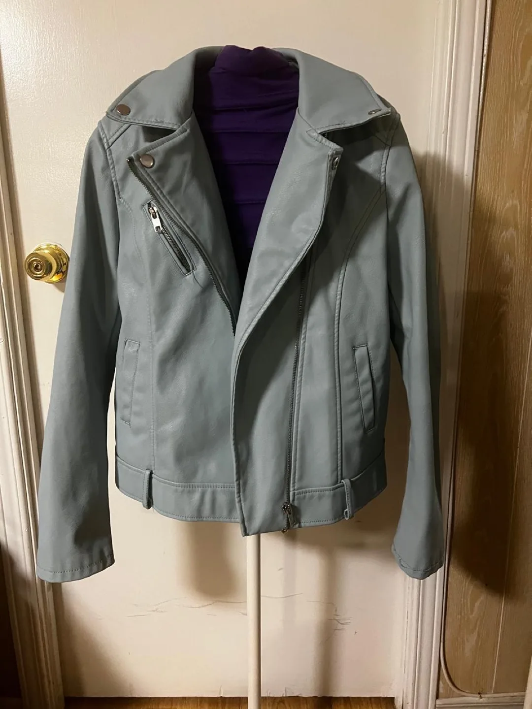 Women's Light Blue Faux Leather Jacket image indicator(3)