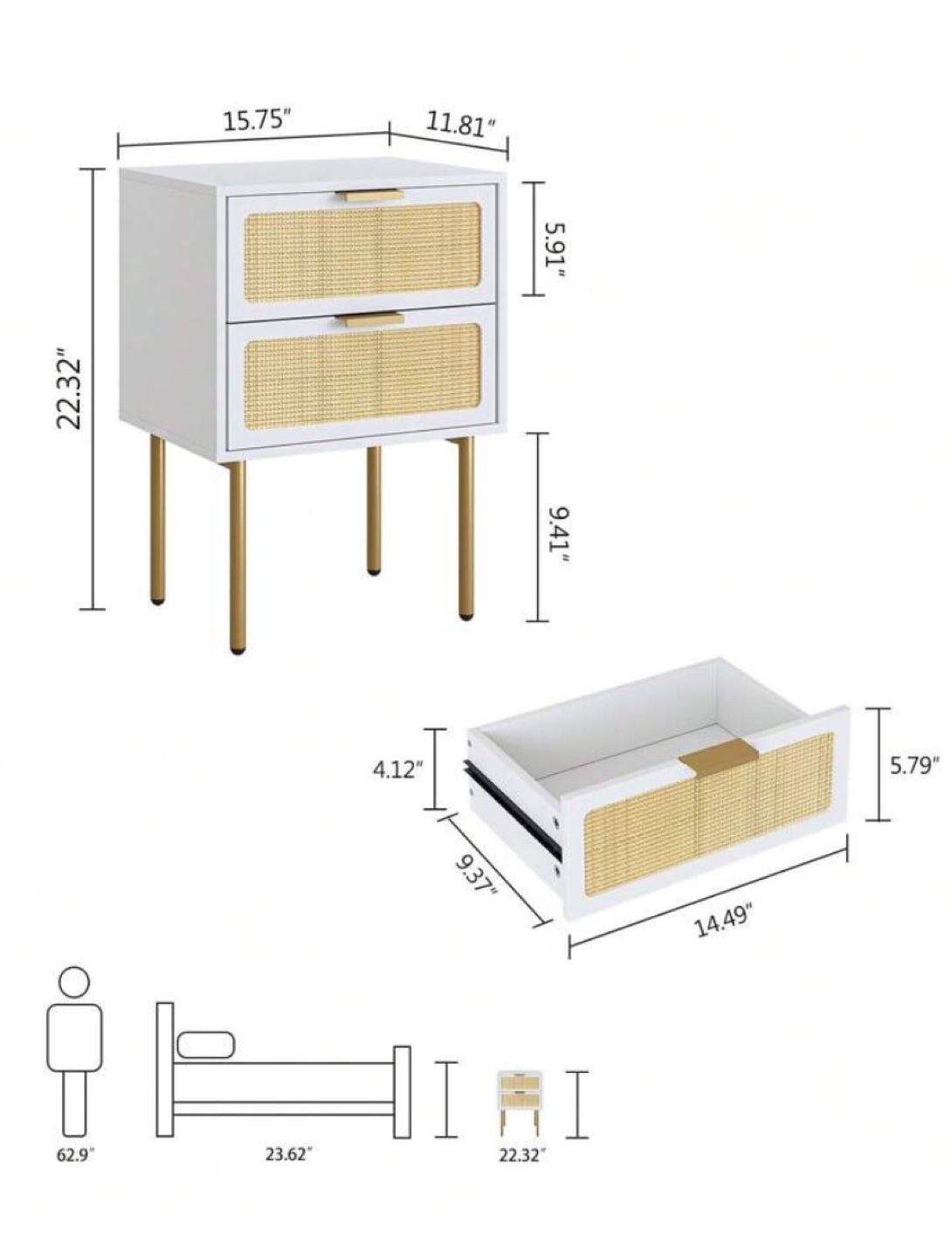 Single White Two-Drawer Nightstand with Rattan Accents - New - photo 4