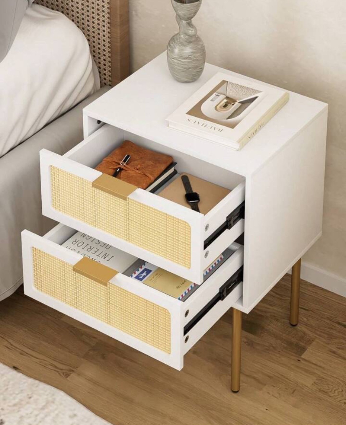 Single White Two-Drawer Nightstand with Rattan Accents - New - photo 2