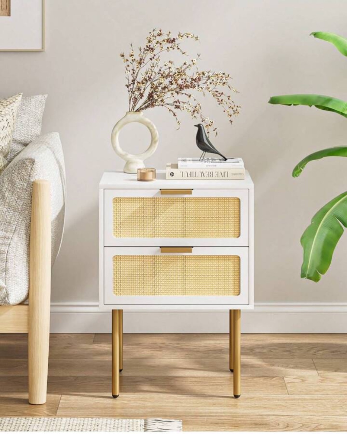 Single White Two-Drawer Nightstand with Rattan Accents - New - photo 3