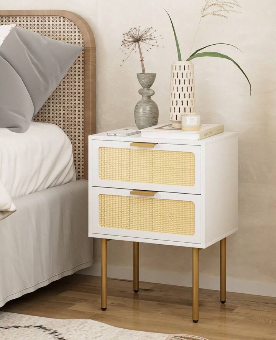 Single White Two-Drawer Nightstand with Rattan Accents - New