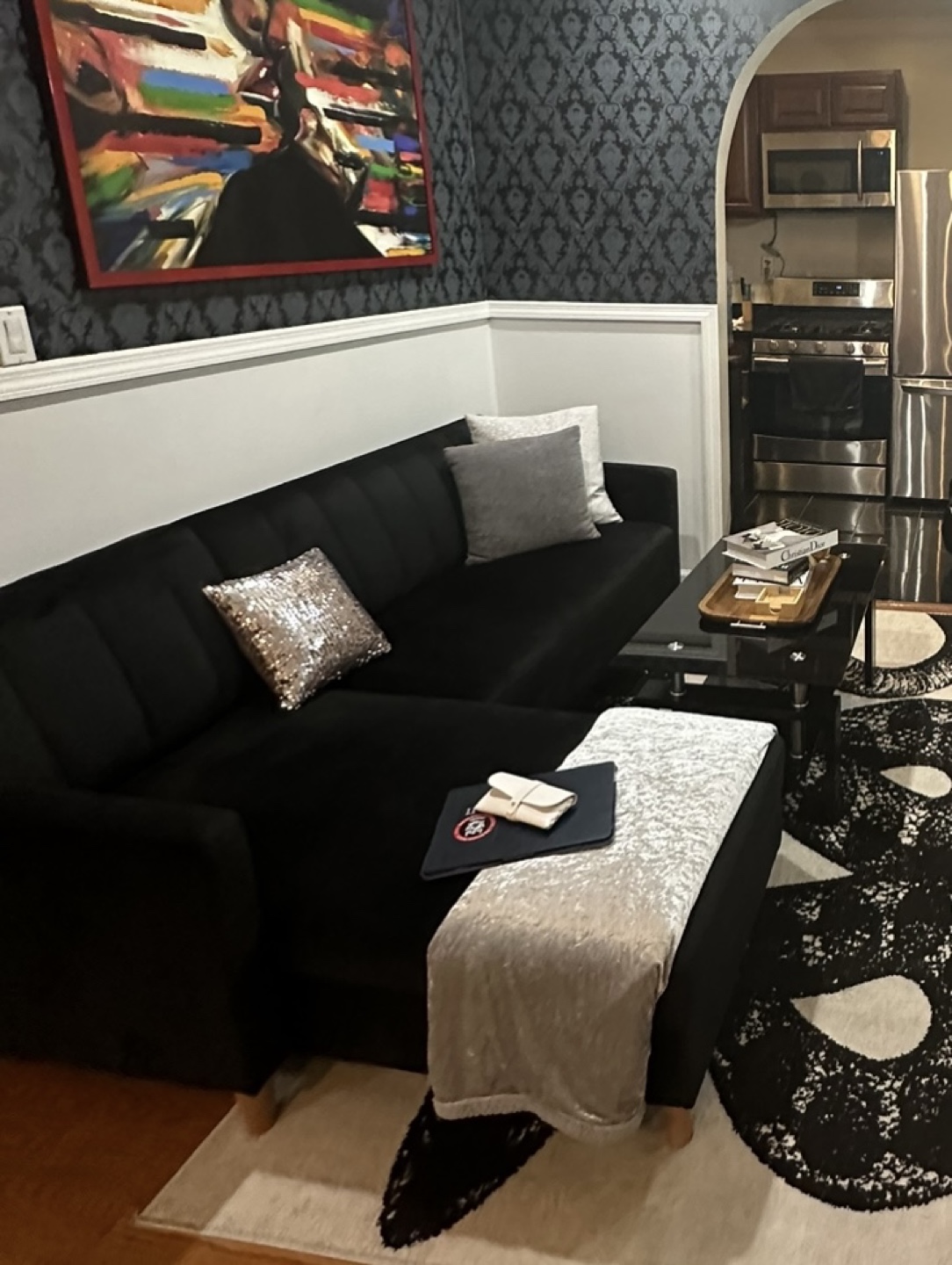 Black Velvet L-Shaped Sectional Sofa - photo 2