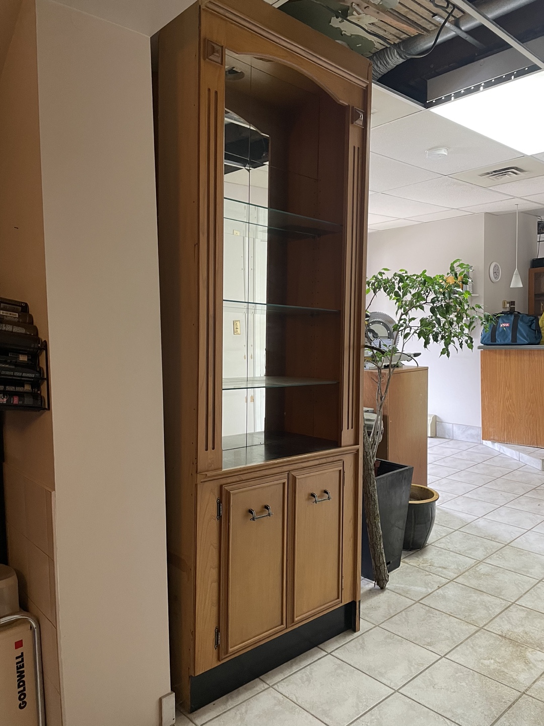 Vintage Wooden Curio Cabinet with Mirrored Back