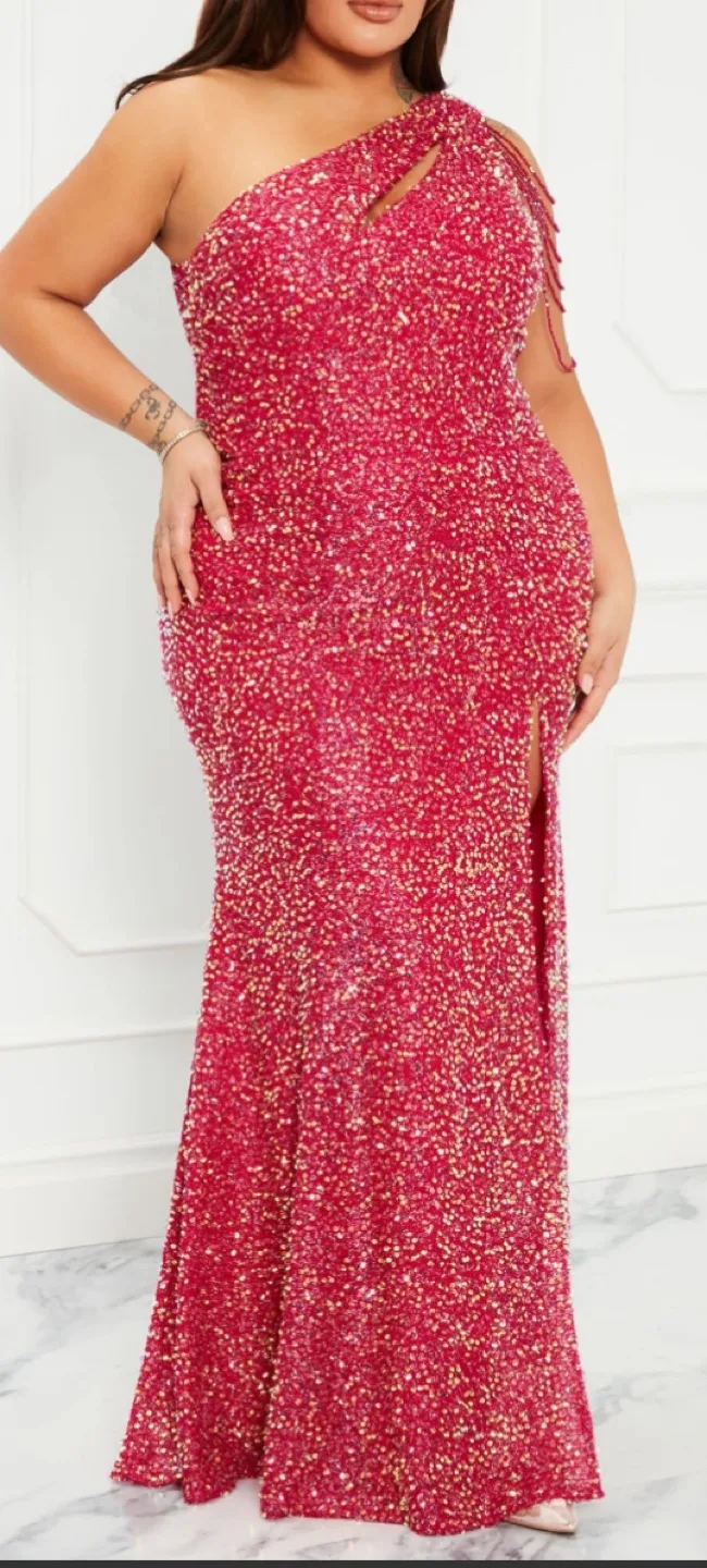 Stunning Hot Pink Sequin One-Shoulder Gown image indicator(3)
