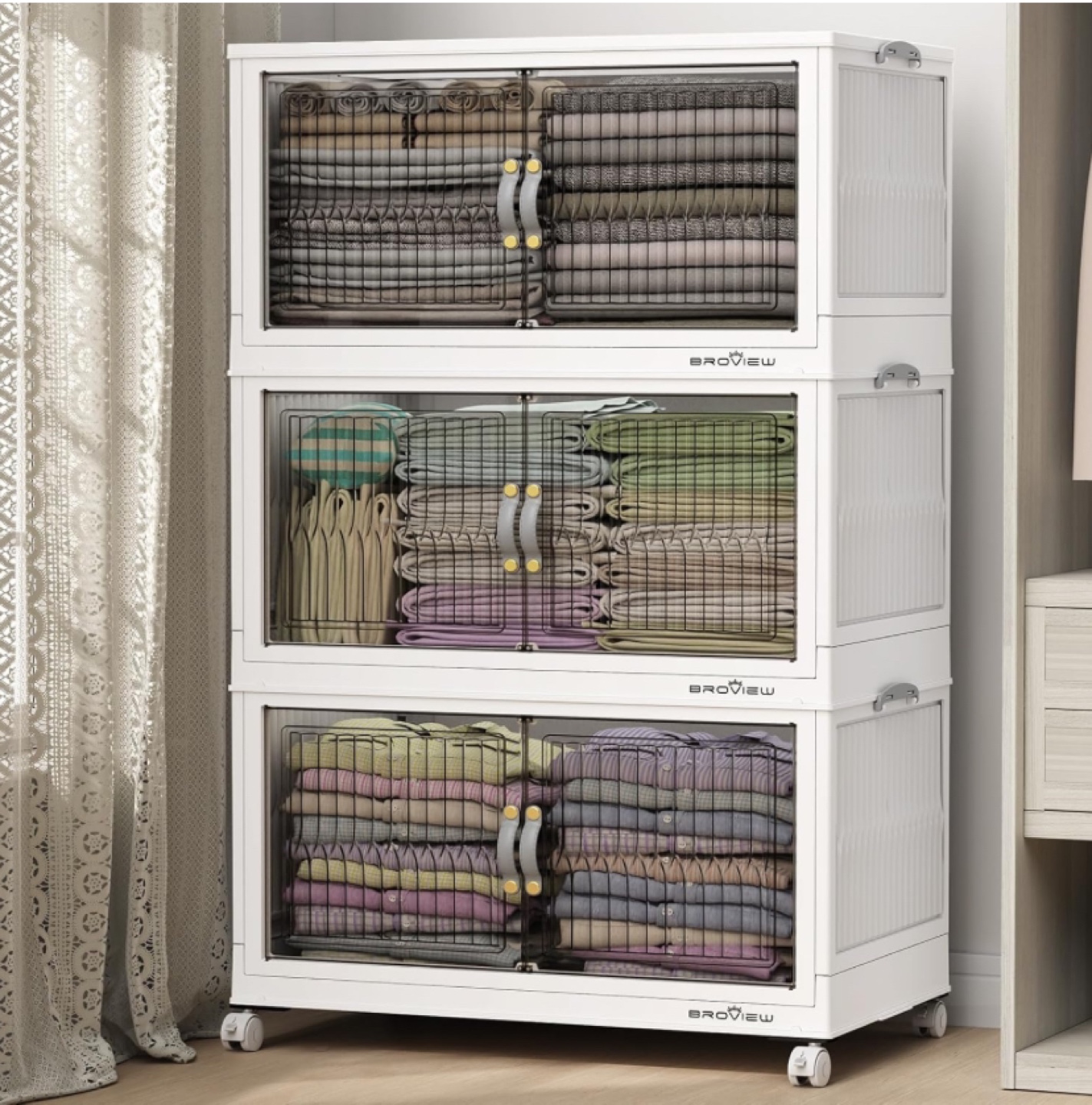 BROVIEW 3-Tier Stackable Storage Organizer Cabinet with Wheels