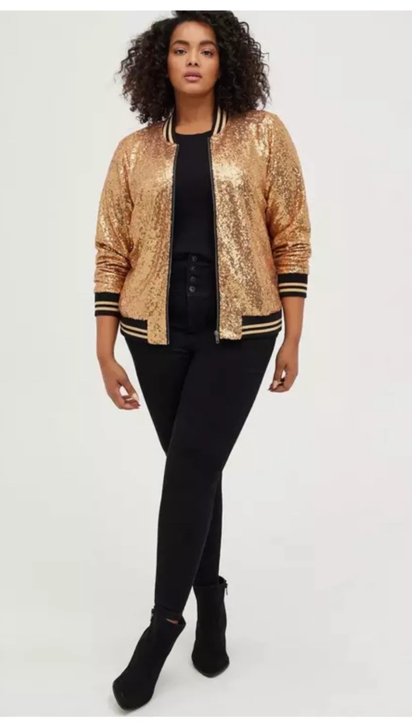 Torrid Gold Sequin Bomber Jacket with Pockets M/L image indicator(10)