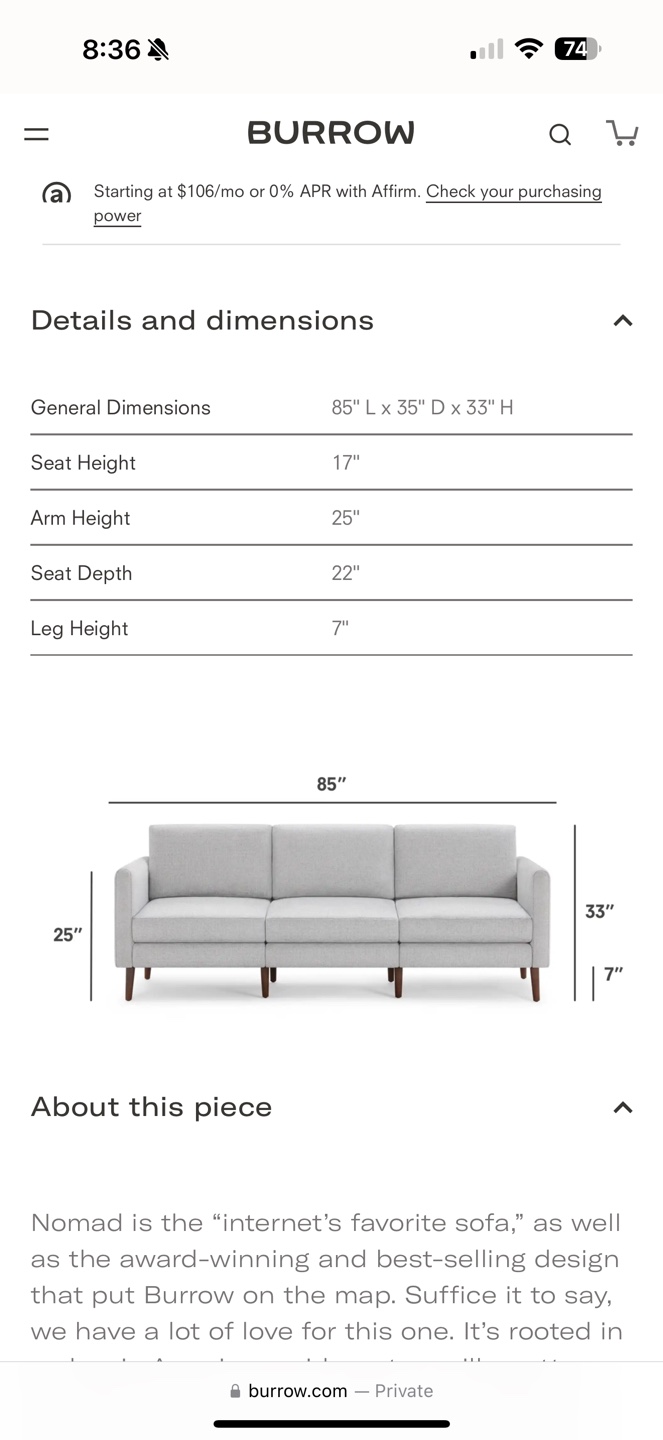Burrow nomad gray couch - photo 2