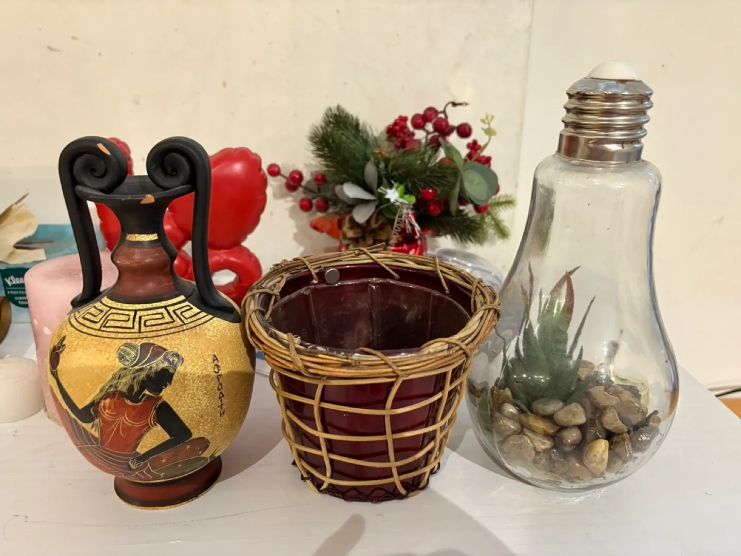 Greek Vase, Lightbulb Terrarium, and Small Planter thumbnail