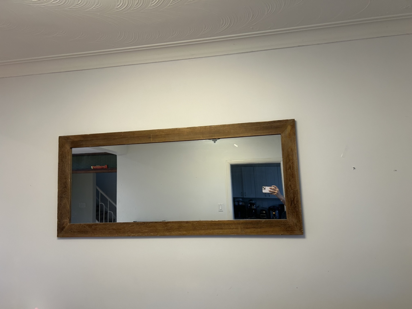 Large Rectangular Wall Mirror with Brown Wooden Frame