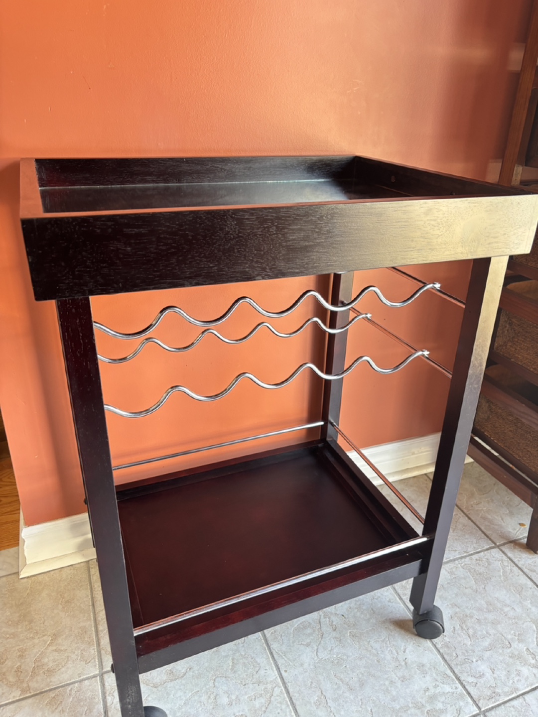 Dark Wood Serving Cart with Metal Rack