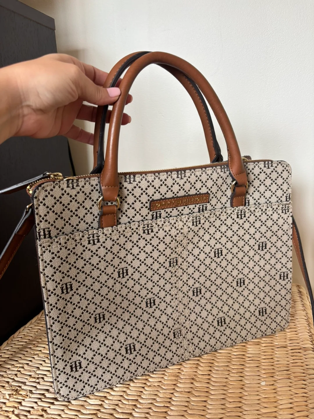 Tommy Hilfiger Beige and Brown Monogram Satchel image indicator(2)