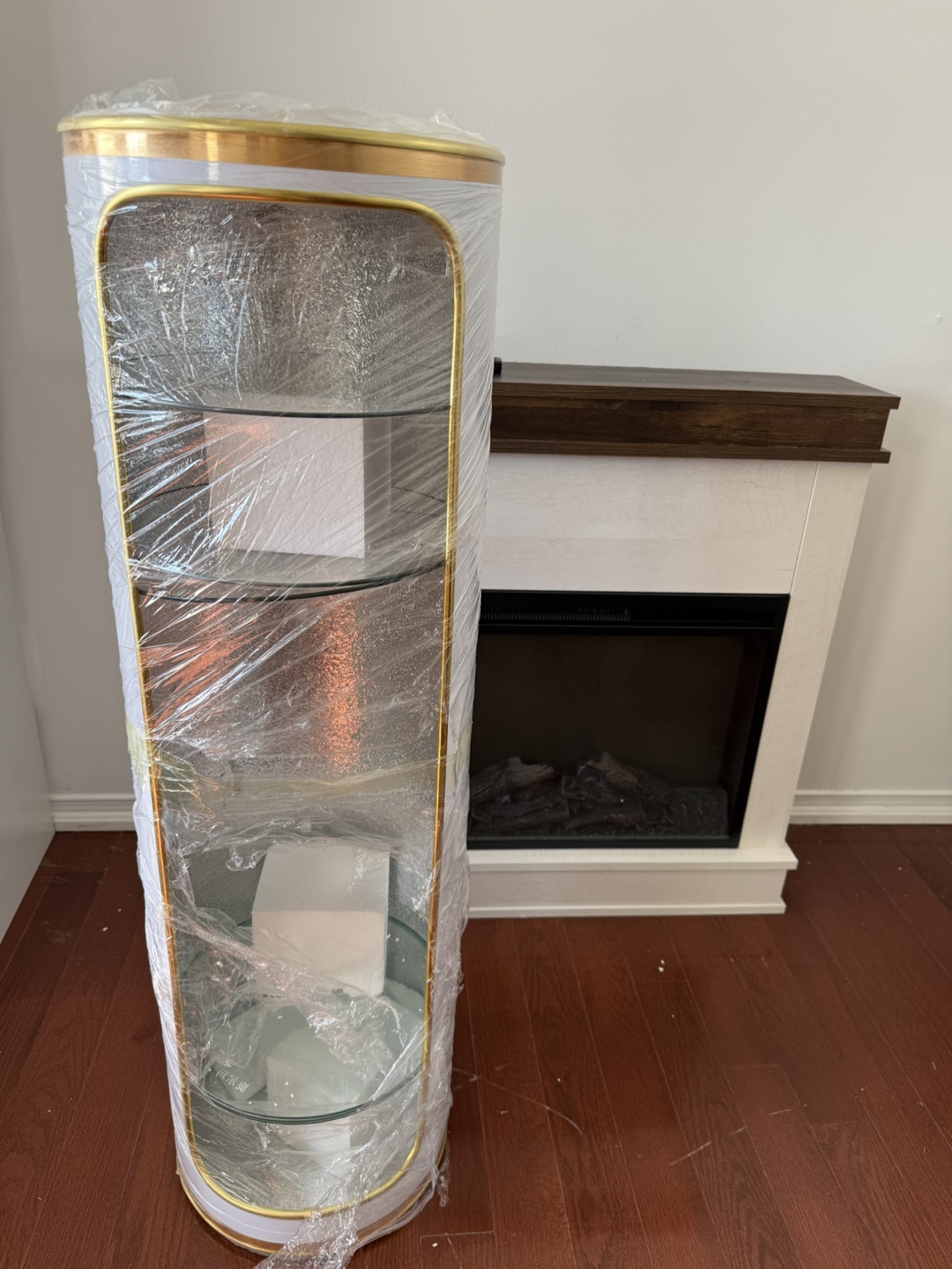 Tall Glass Curio Cabinet with Gold Accents
