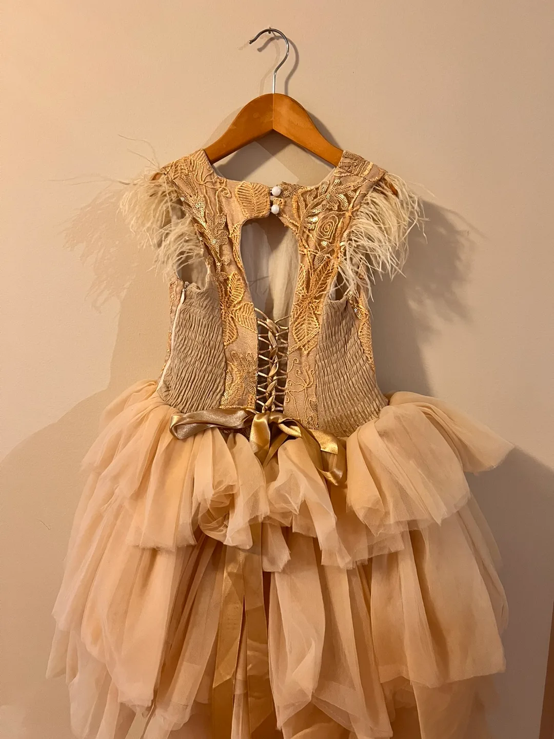 Girls Champagne Gold Tulle High-Low Dress with Feather Detail image indicator(2)