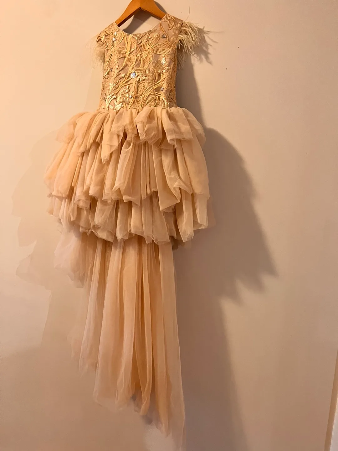 Girls Champagne Gold Tulle High-Low Dress with Feather Detail image indicator(6)