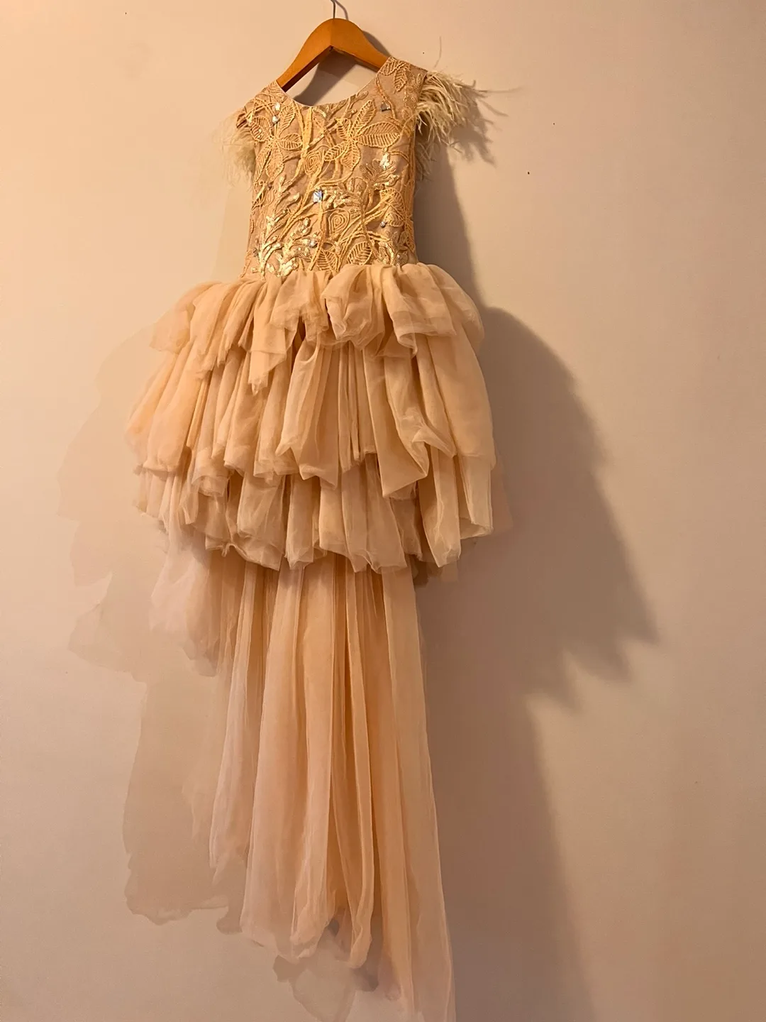 Girls Champagne Gold Tulle High-Low Dress with Feather Detail image indicator(3)