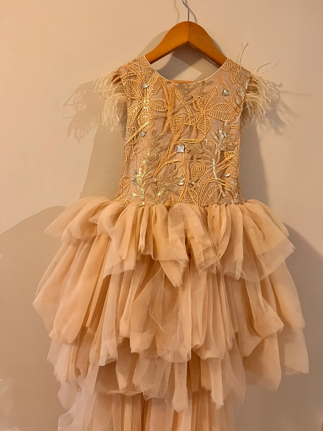Girls Champagne Gold Tulle High-Low Dress with Feather Detail image indicator(5)