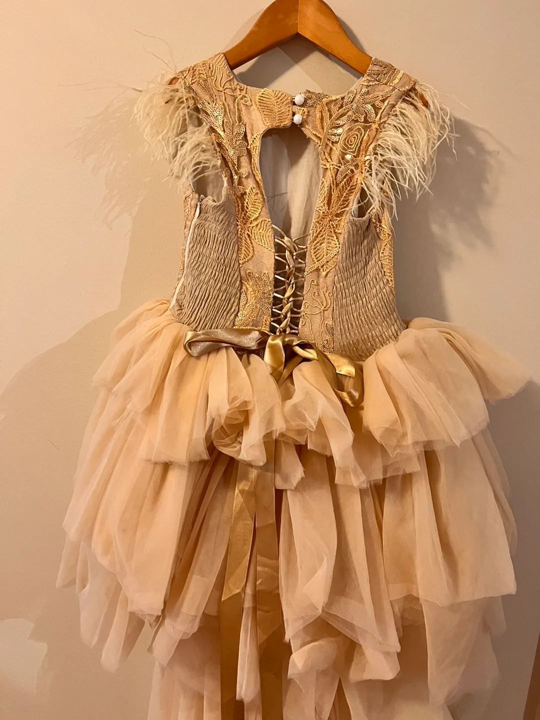 Girls Champagne Gold Tulle High-Low Dress with Feather Detail image indicator(4)