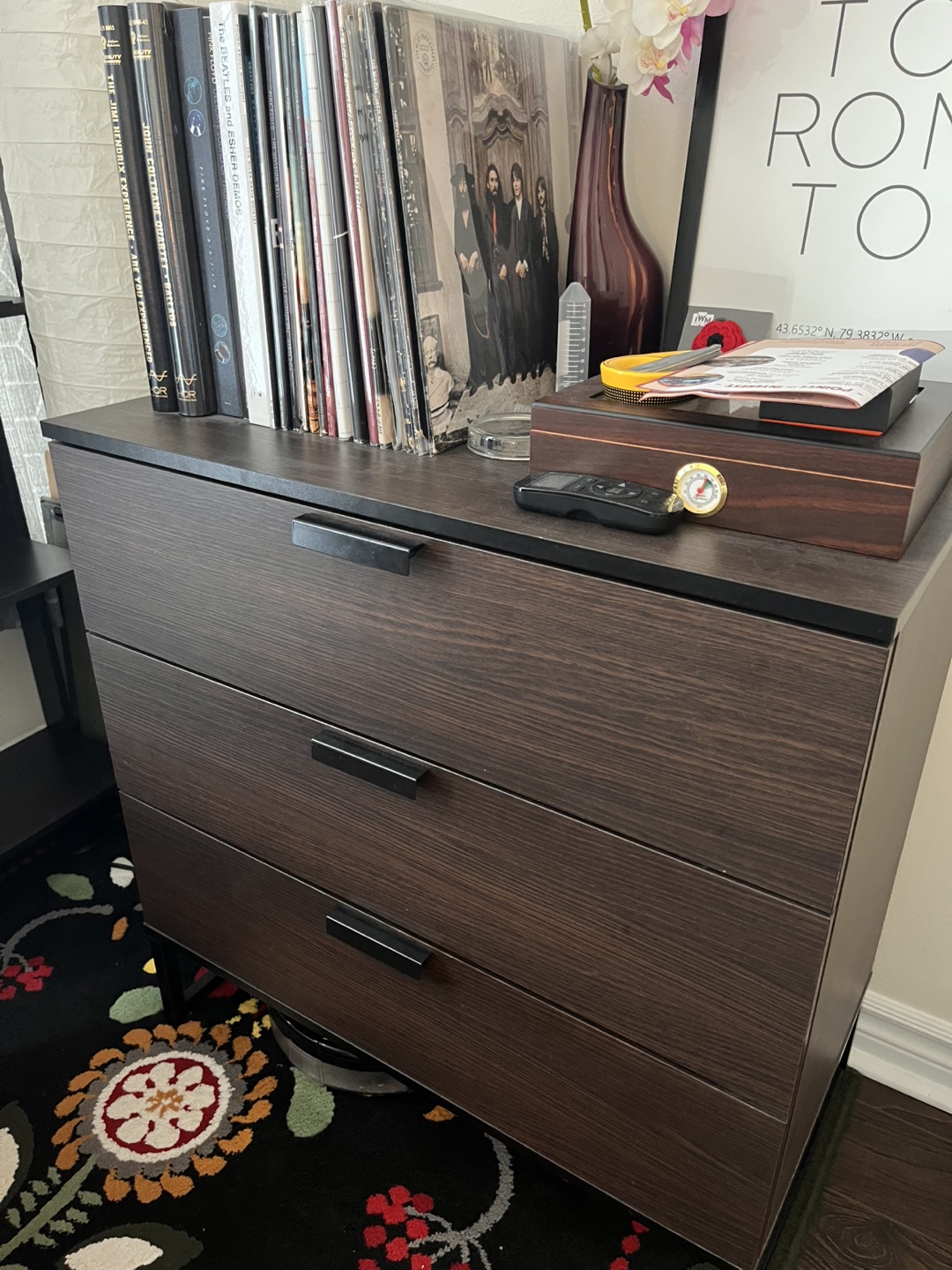 Three-Drawer Dark Wood Chest of Drawers
