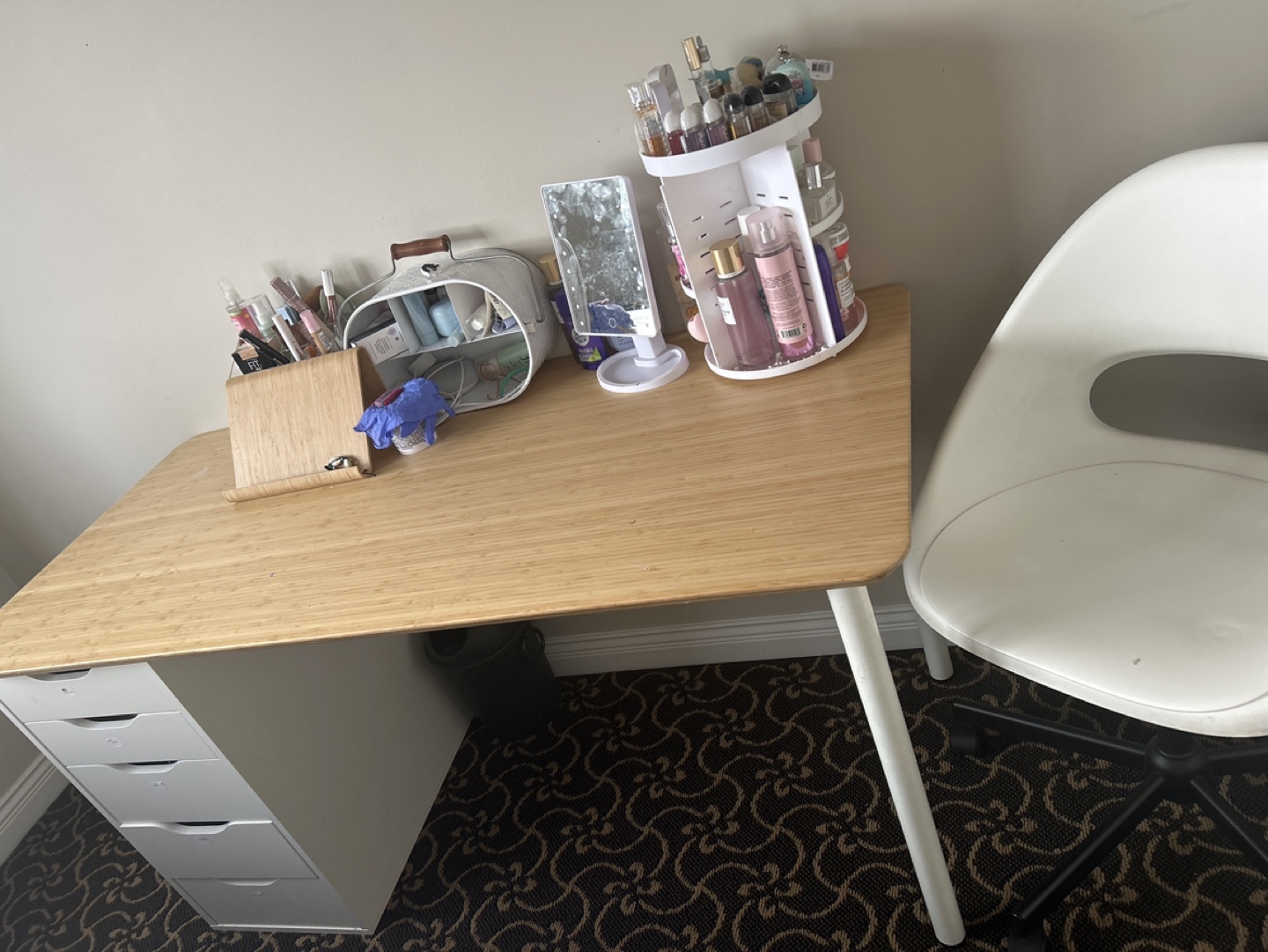 Bamboo Desk with Five Drawers and White Chair
