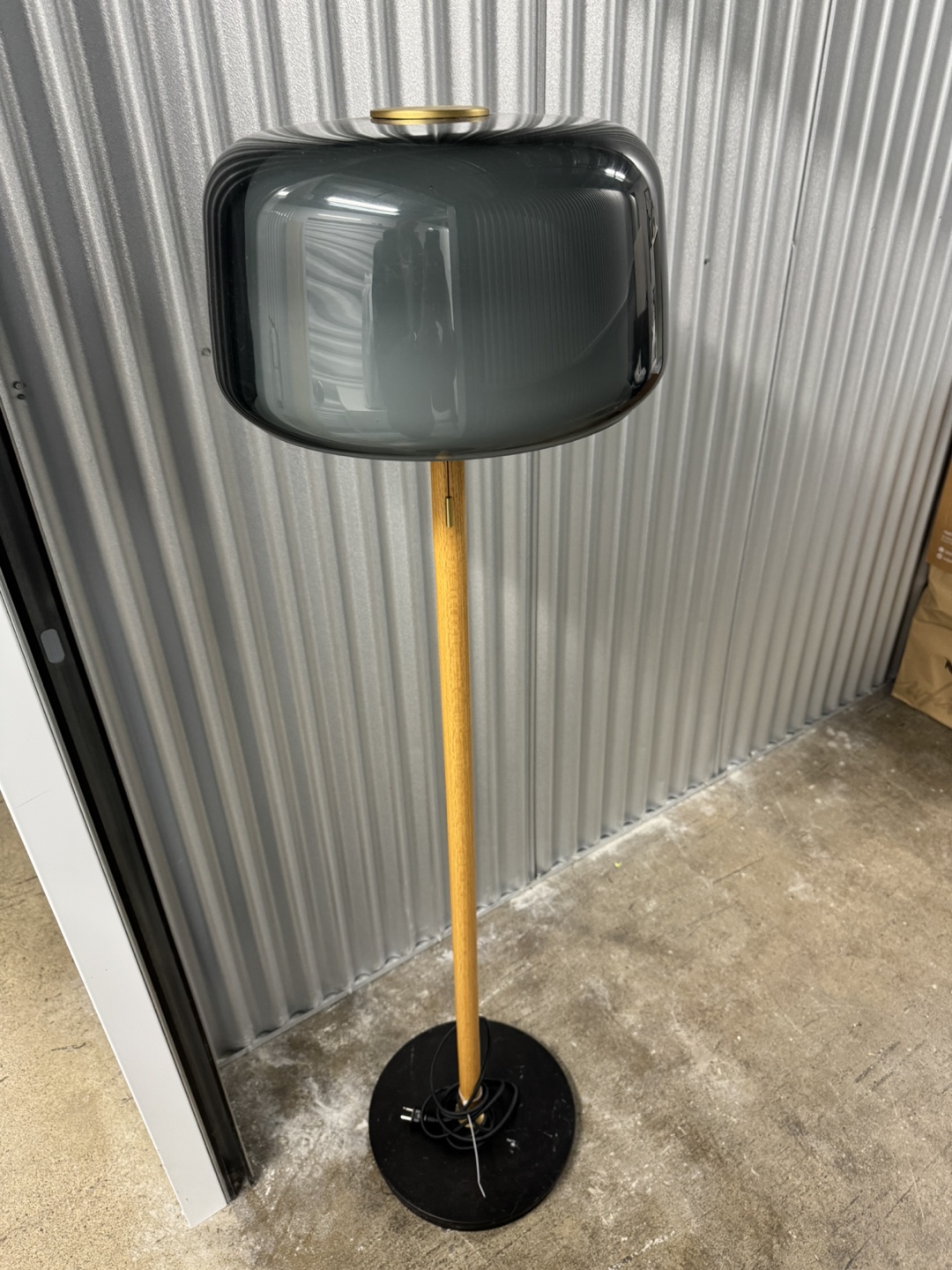 Modern Floor Lamp - Dark Grey Glass Shade & Wood Stand