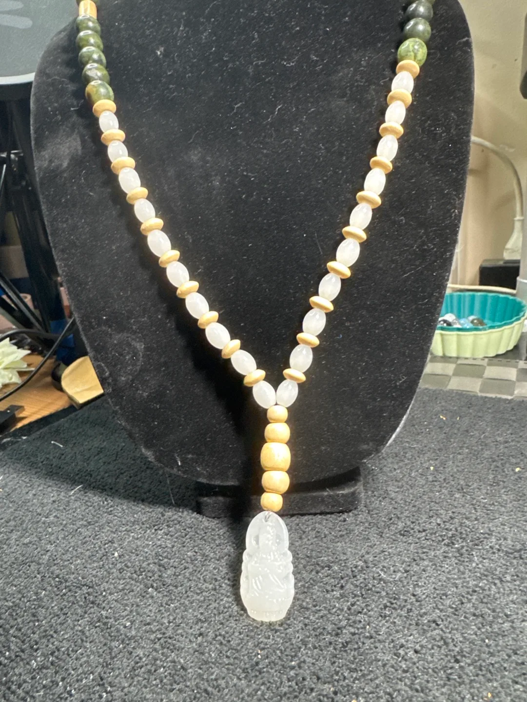 Green and White Beaded Necklace with Budda Pendant thumbnail