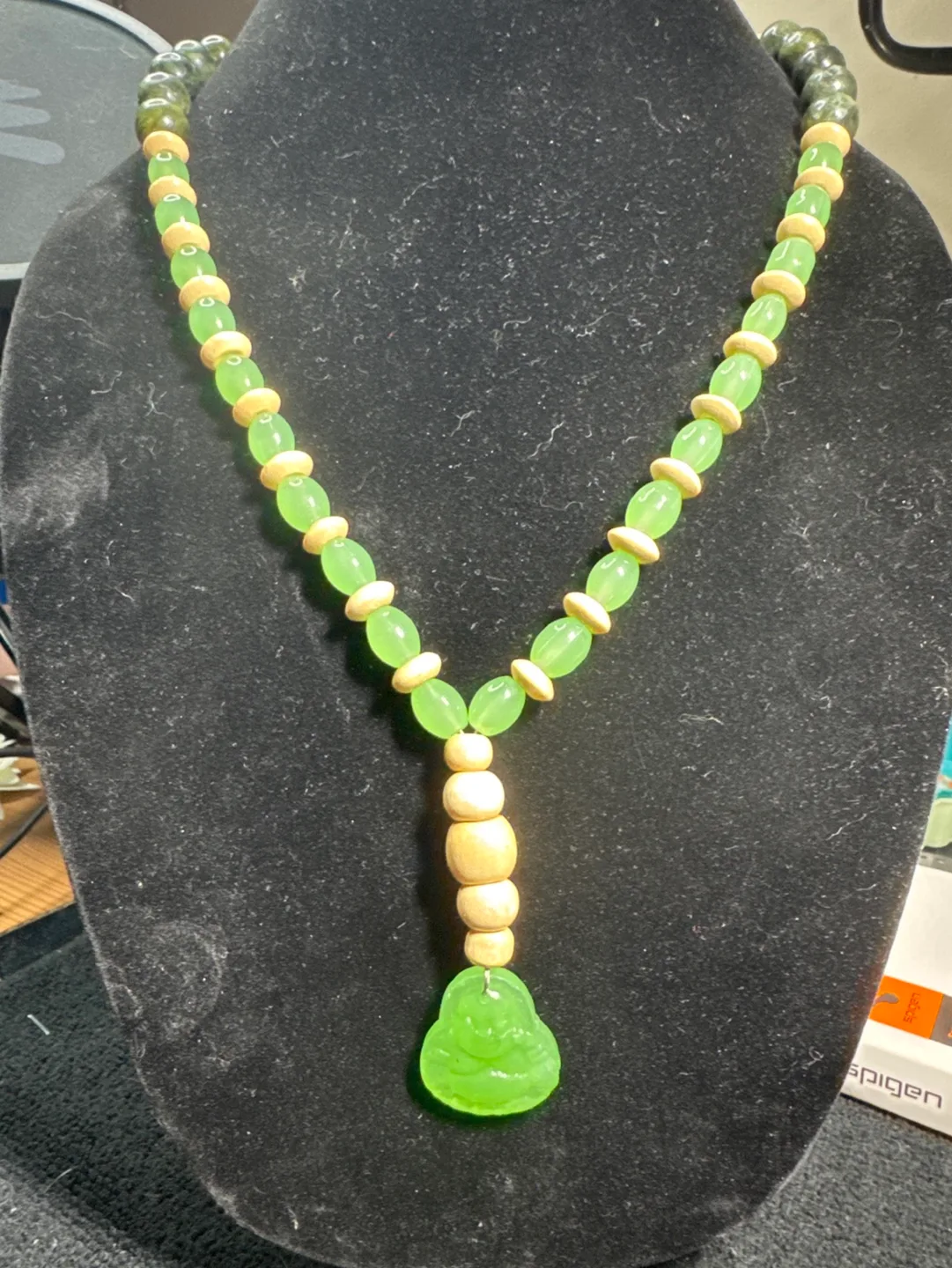 Green Jade and Wood Bead Necklace with Buddha Pendant thumbnail